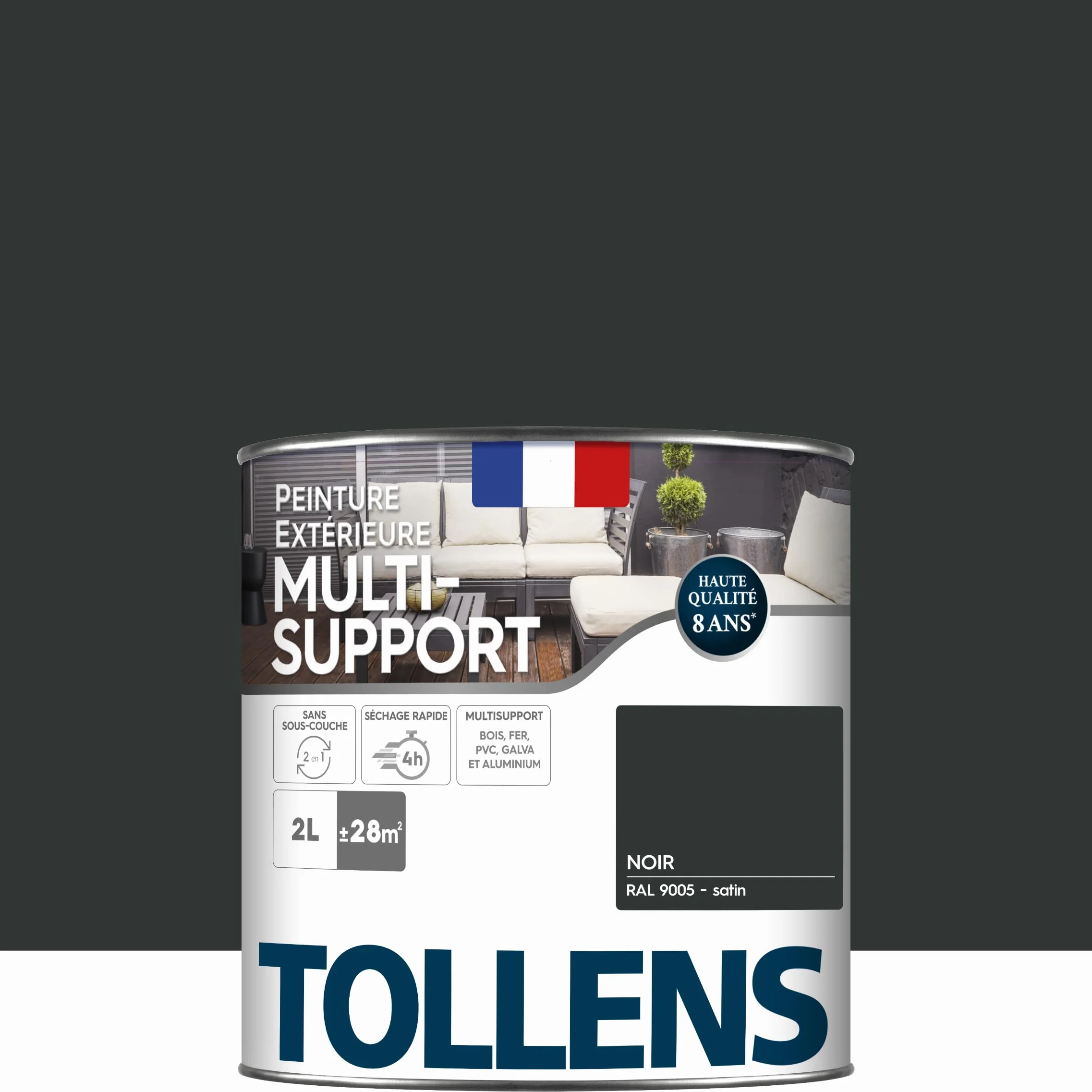 Tollens Peinture extérieure multisupport - Ultra résistante Haute qualité - Satin - Noir - 2L = 28m2