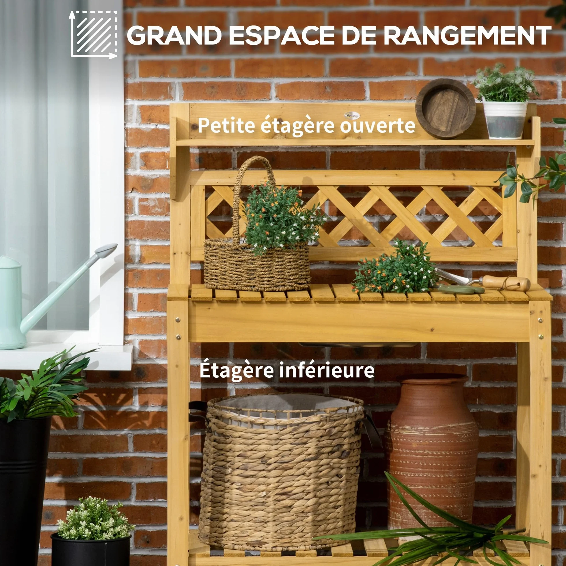Outsunny Table de rempotage en Bois avec évier coulissant 2 étagères 92 x 45 x 120 cm