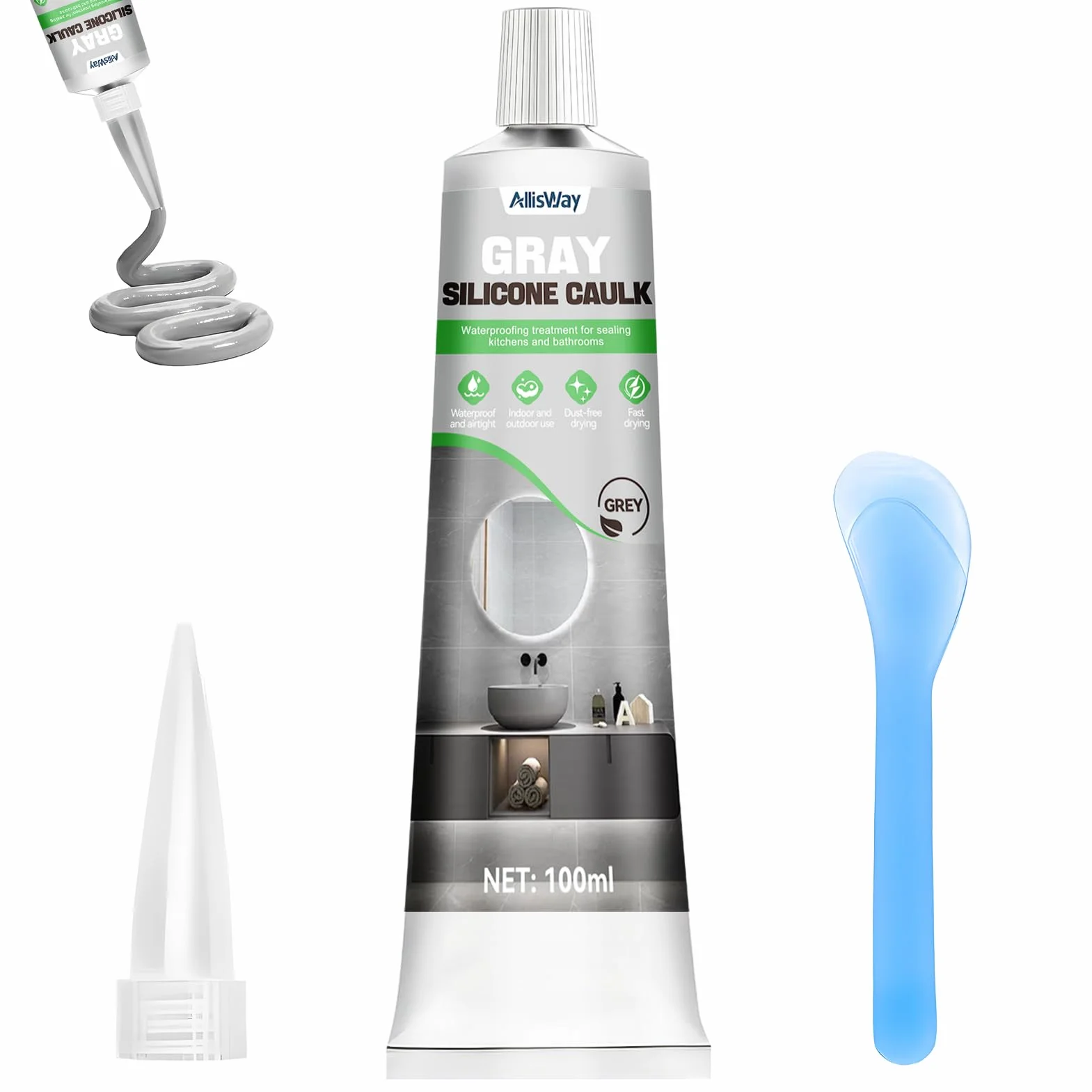 Silicone Gris, Joint Salle de Bain, Joint Silicone, Convient aux Salles de Bains Fermées aux Cuisines et aux Espaces Intérieurs et Extérieurs, Imperméable et Sèche Rapidement, 100 ml