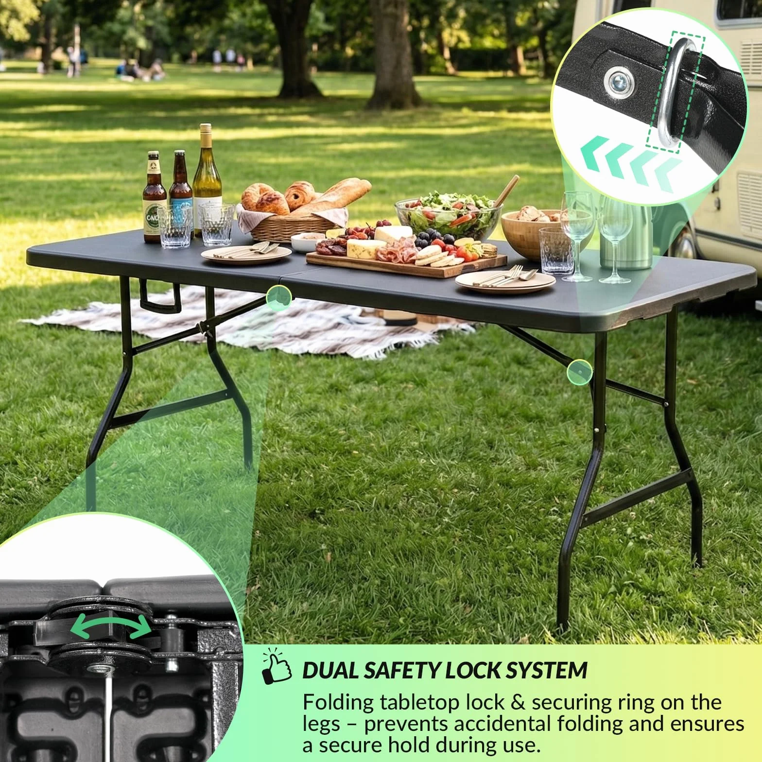 Velway Table Pliante Extérieur 180x75x73cm Camping 6-8 Personnes Noir