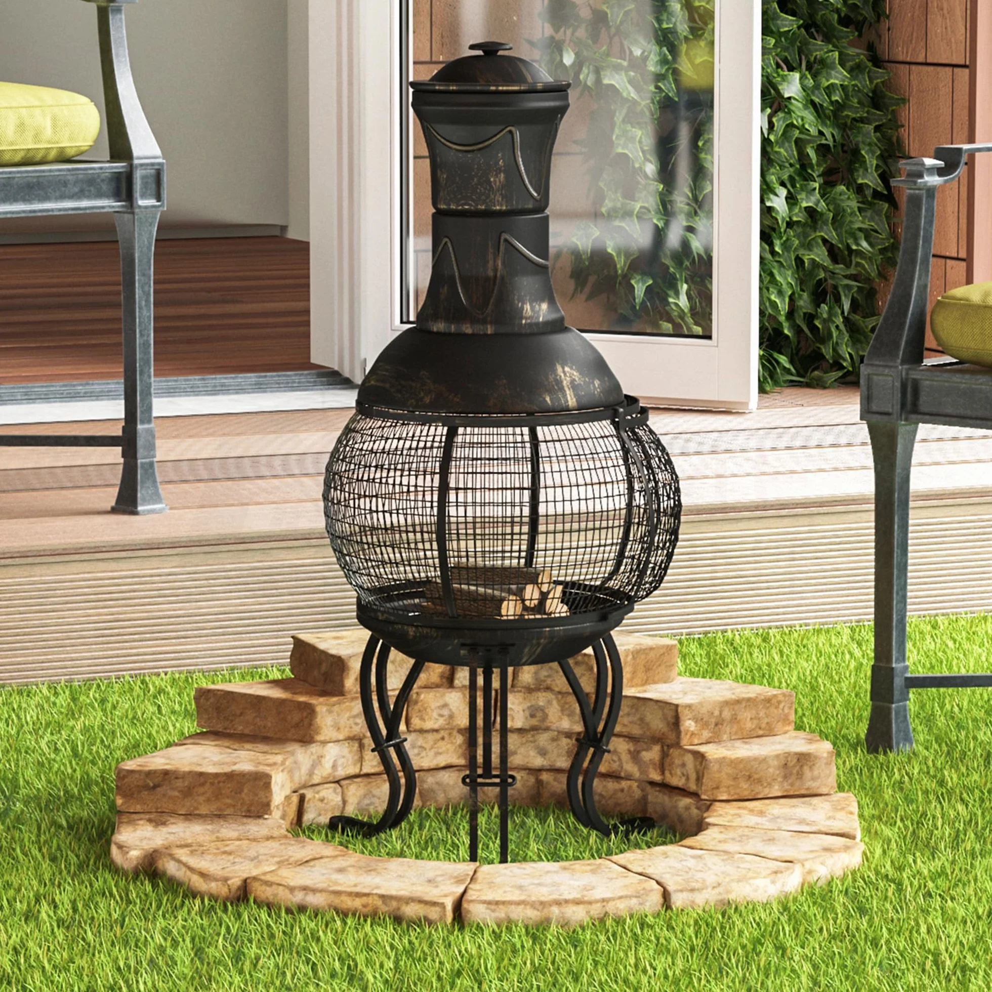 Cheminée en Acier pour Jardin Fire Vida Noir et Or Antique