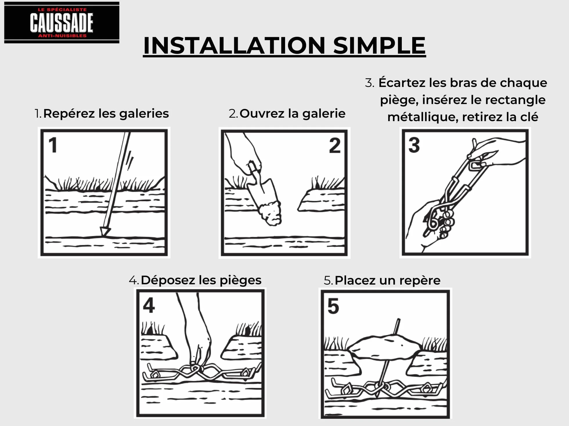 CAUSSADE Pièges À Taupes 2 Pièges + Tendeurs + Clé D'Armement Réutilisable