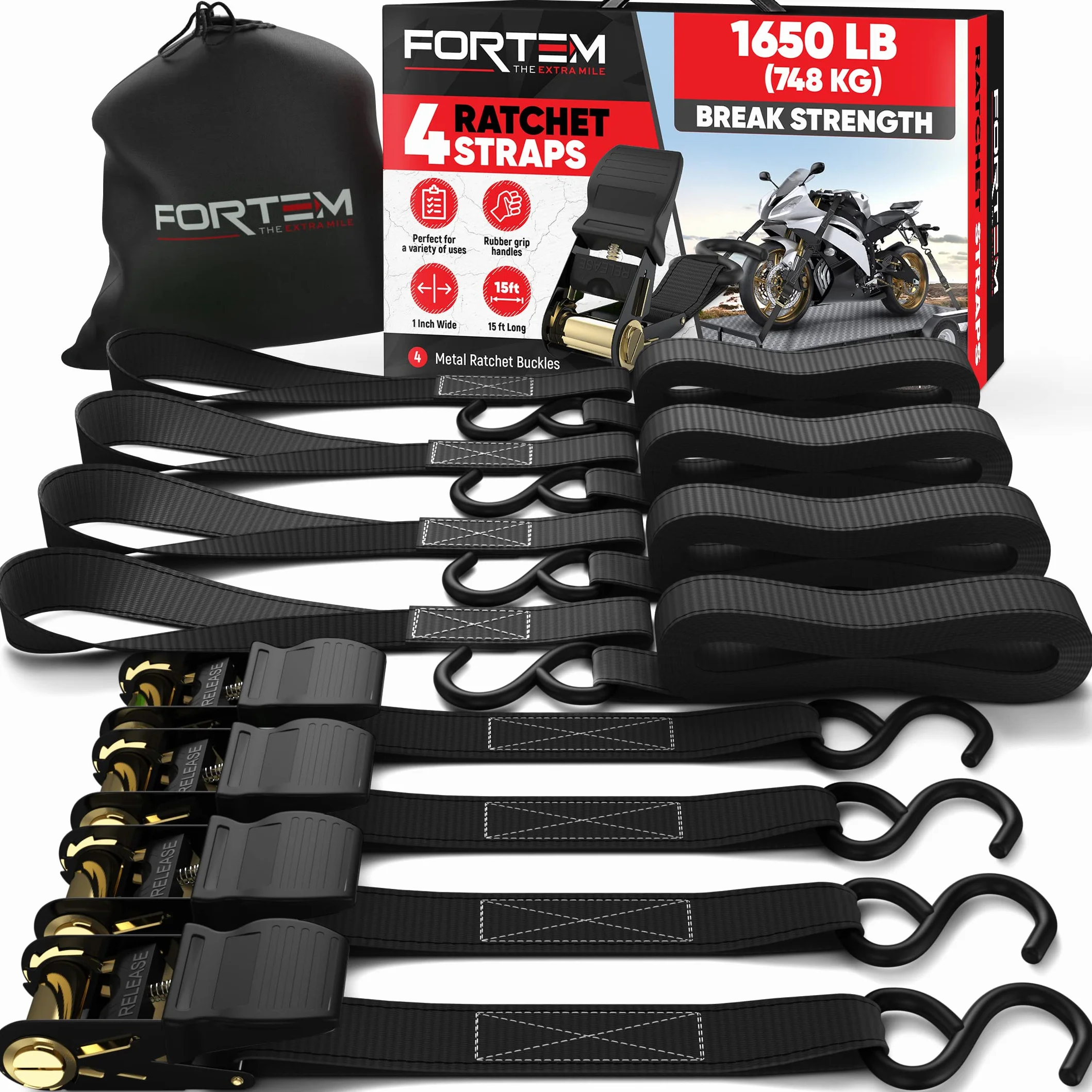 FORTEM Sangles d'Arrimage, Résistance 748 kg, 4 Sangles de Remorquage de 4,5 m, 4 Boucles Souples, Sangles Arrimage Moto, Anse Caoutchouc, Crochets Métal Enduit, Sac de Transport (Noir)