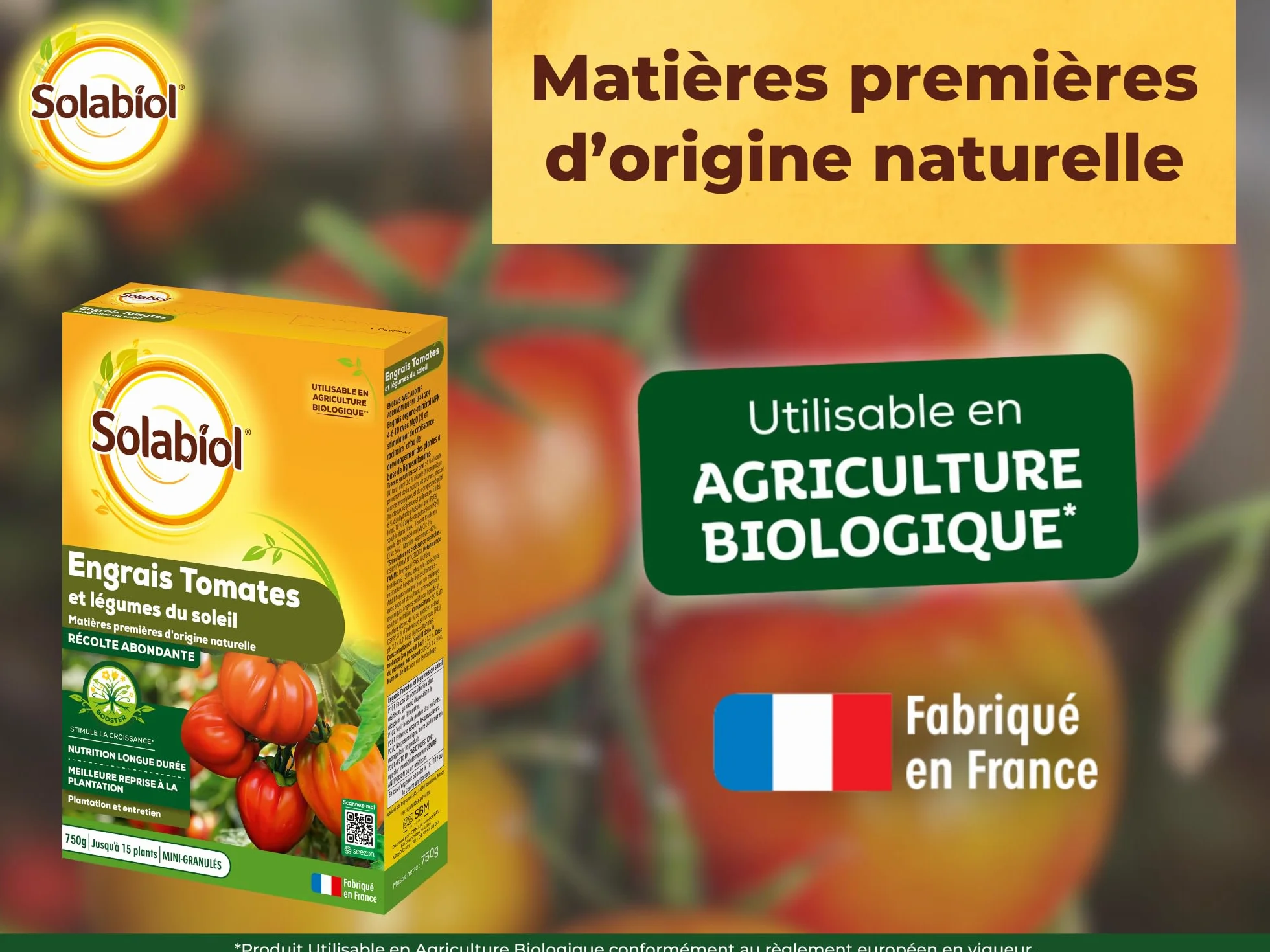 SOLABIOL Engrais Tomates & Légumes Du Soleil 750g Jusqu'à 15 Plants Nutrition Longue Durée Agriculture Biologique