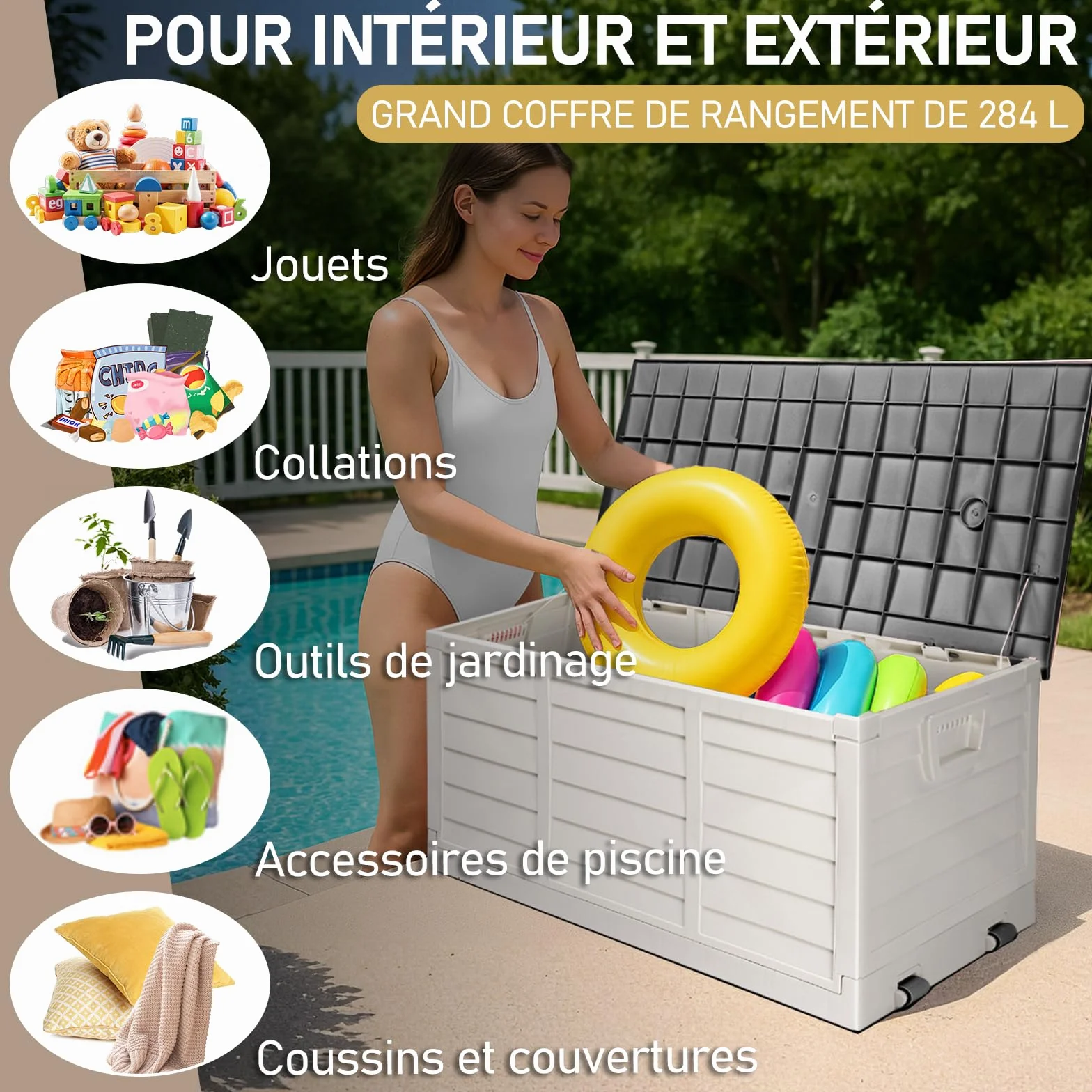 Coffre de jardin extérieur pliable 284 L imperméable résistant aux UV avec poignées et roues Noir et blanc