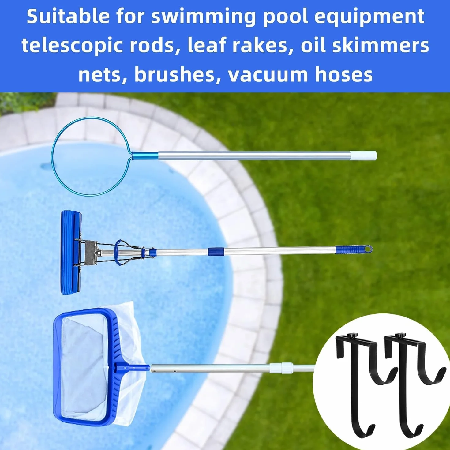 Lot de 2 supports d'épuisette crochet réglable piscine poteaux - Double support accessoire piscine