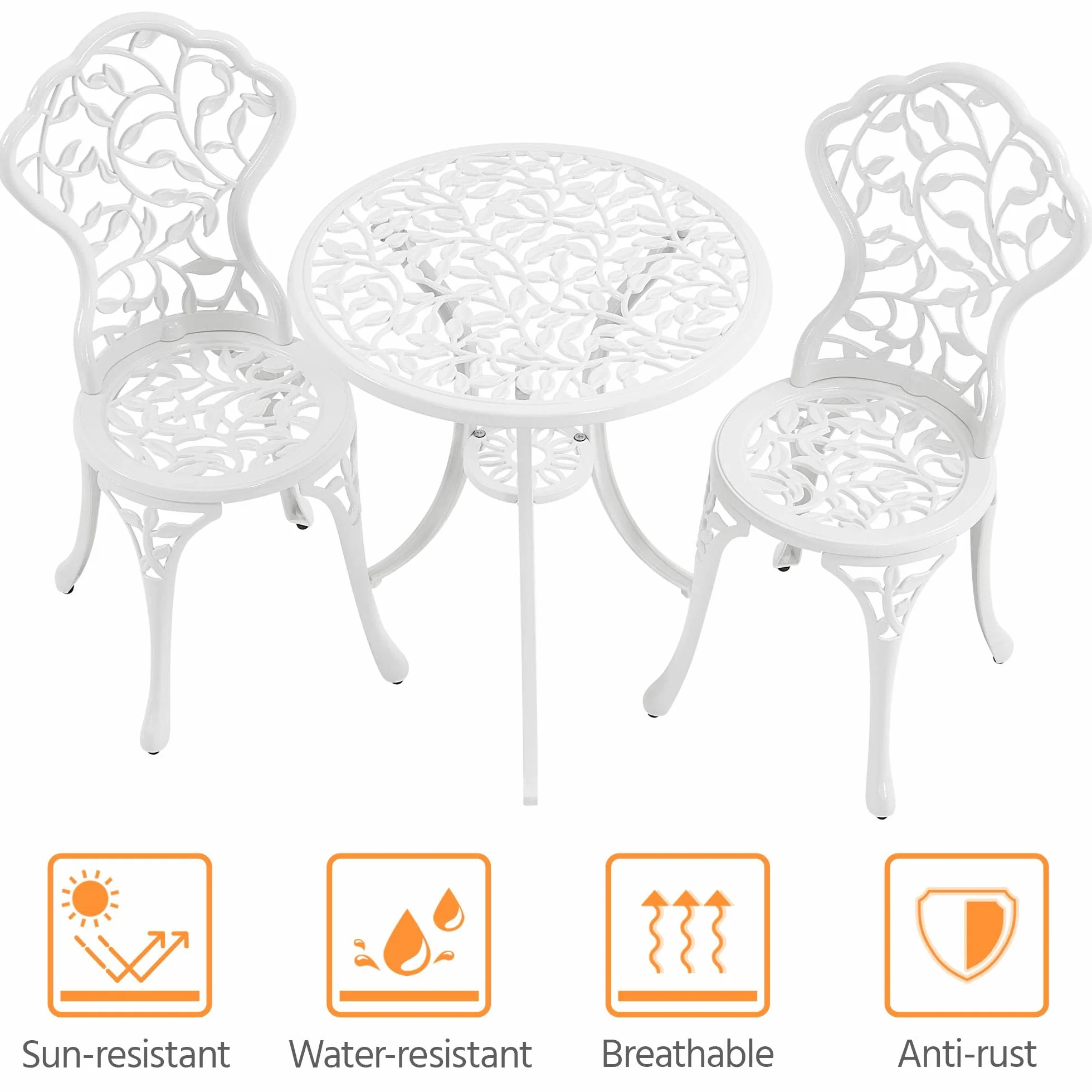 Yaheetech Ensemble de Bistrot en Métal 3 Pièces Design Vintage Feuillage Table et 2 Chaises Blanc
