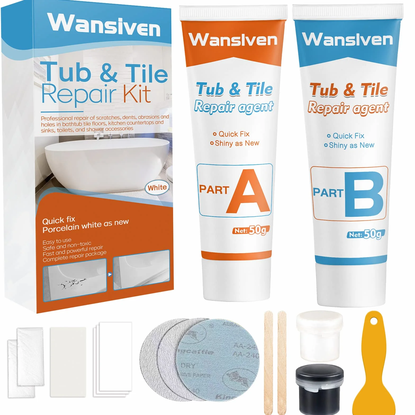 Wansiven Kit de réparation de baignoire, kit de réparation de carrelage et douche en émail, kit de réparation de fissures de baignoire pour réparer les rayures, les trous, les fissures