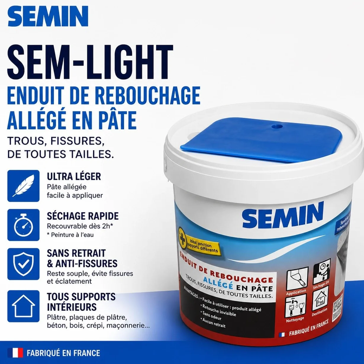Semin SEM-LIGHT Enduit de Rebouchage Allégé 1 L – Ultra Léger, Sans Retrait & Séchage Rapide – Réparation Trous & Fissures – Intérieur Murs & Plafonds – Blanc Mat – Spatule Intégrée