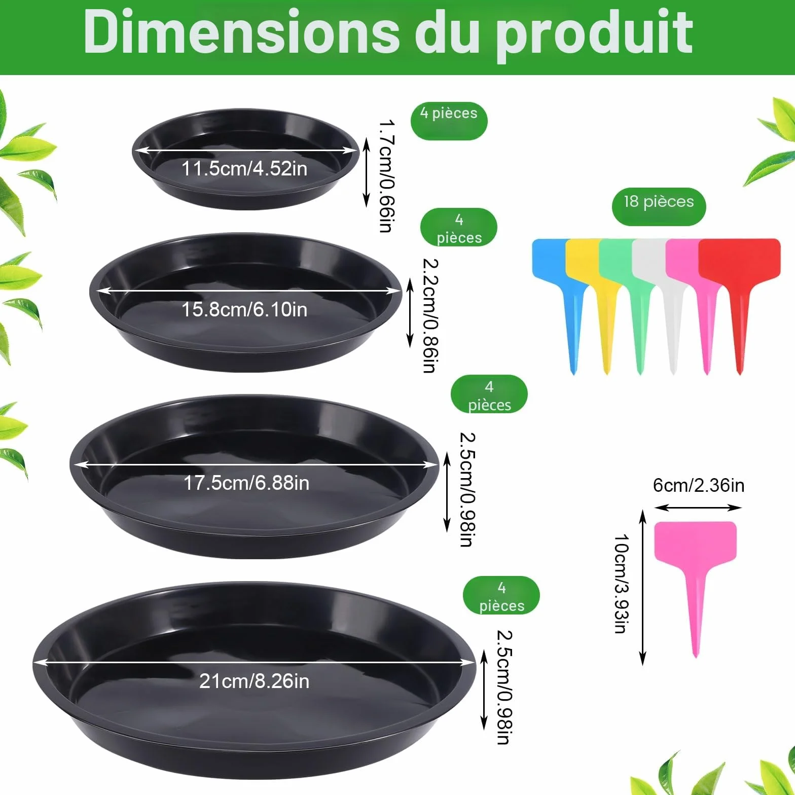 Lot de 16 Soucoupes Pot de Fleur Plastique Rond avec 18 Étiquettes pour Plantes Intérieur Extérieur