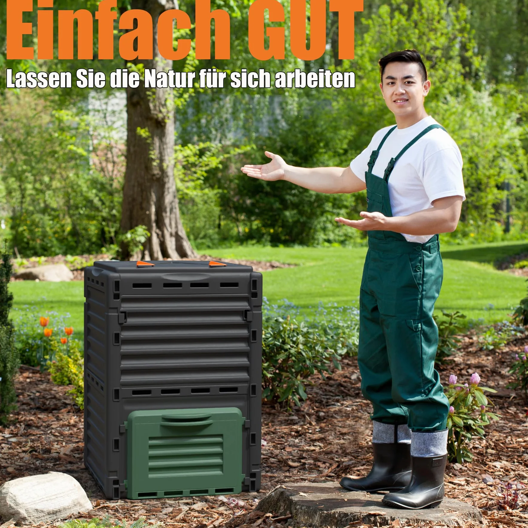 BigDean Composteur jardin 300 litres plastique résistant intempéries fabriqué Europe
