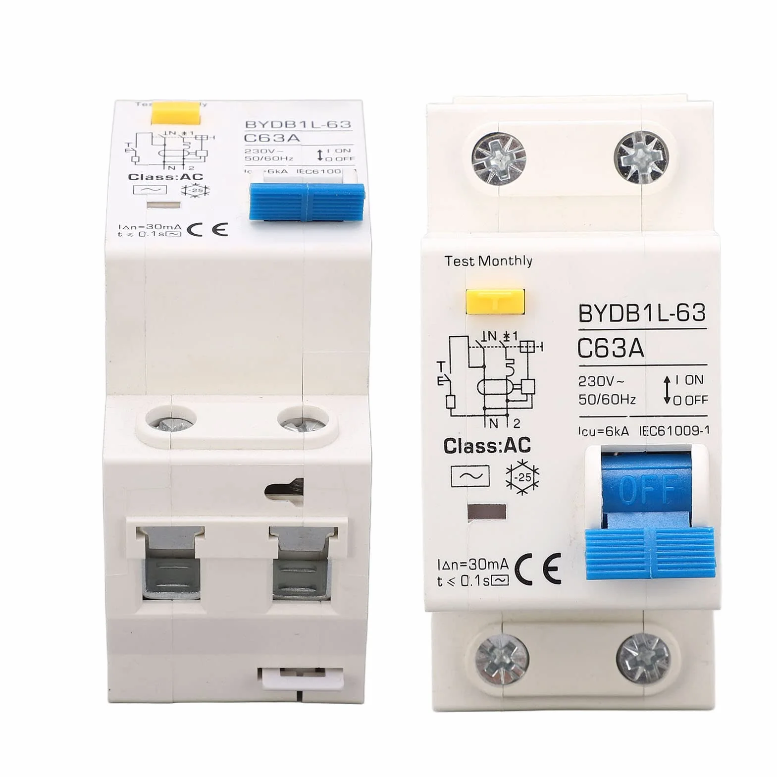Disjoncteur Miniature 230V, AC Type 30mA C63A 1P N Disjoncteur à Courant Résiduel, Protecteur de Fuite Protection Contre les Surcharges Commutateur D'air pour Lignes de Distribution D'éclairage