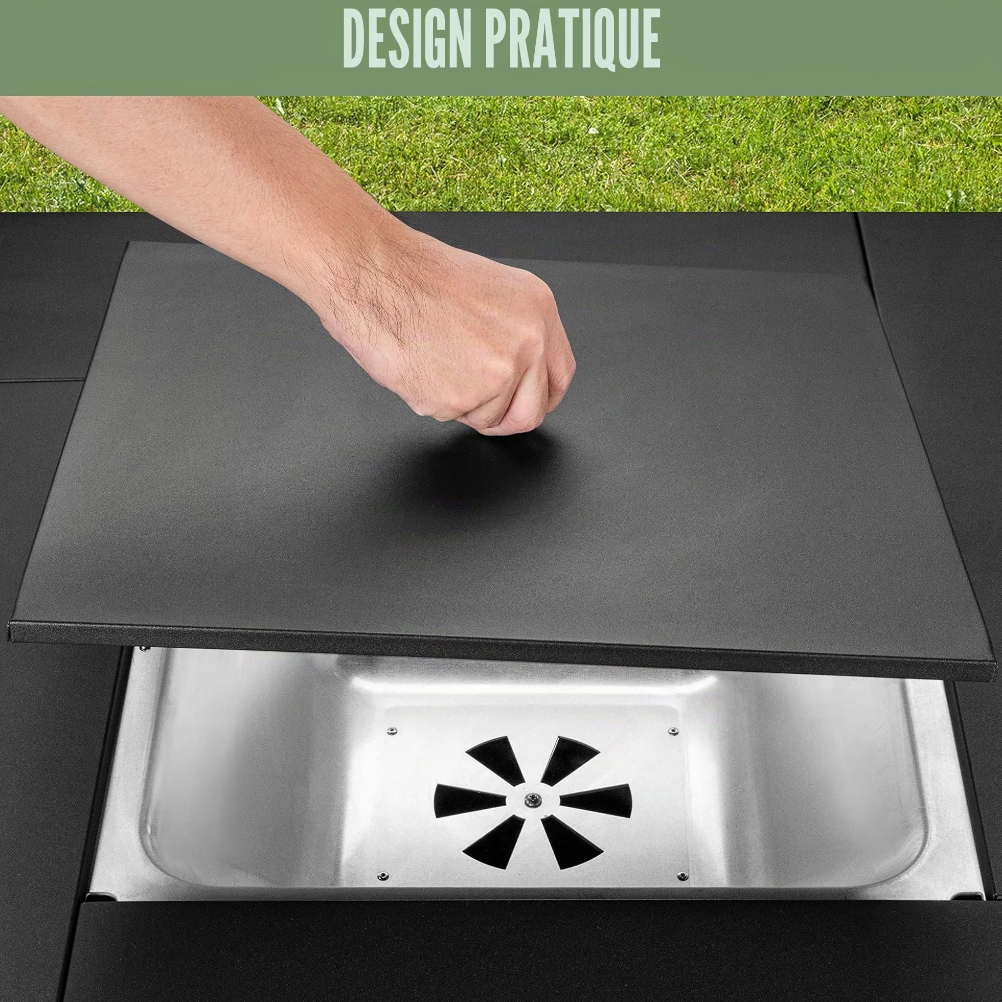 Ambiente Cube Kohle Table à feu Charbon de Bois Briquettes Grille Barbecue Transformable Table Jardin Plateau Complet