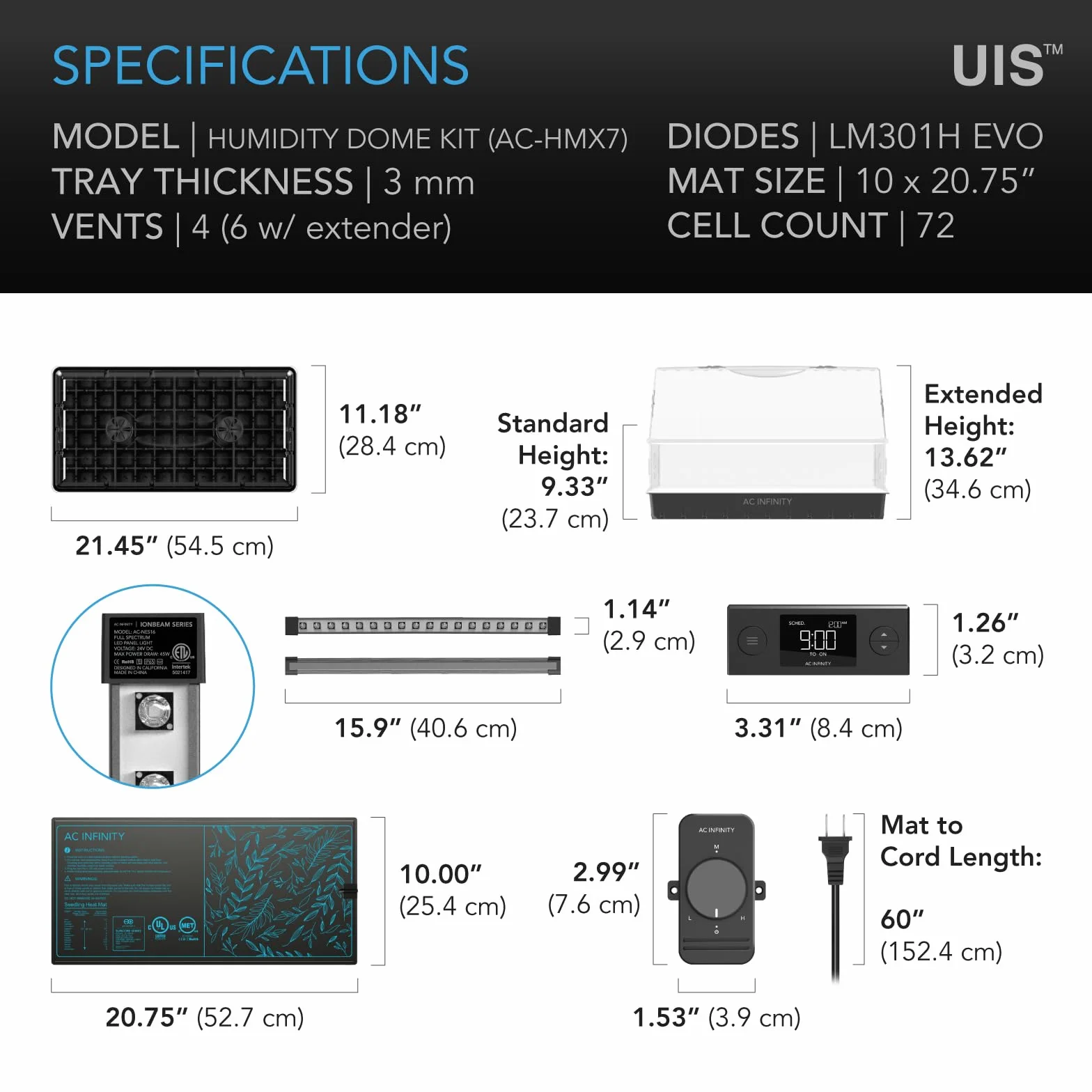 AC Infinity Grand dôme d'humidité Robuste 15,2 x 30,5 cm avec Tapis de semis imperméable, Barres Lumineuses à Del Spectre Complet, diodes Samsung LM301H Evo