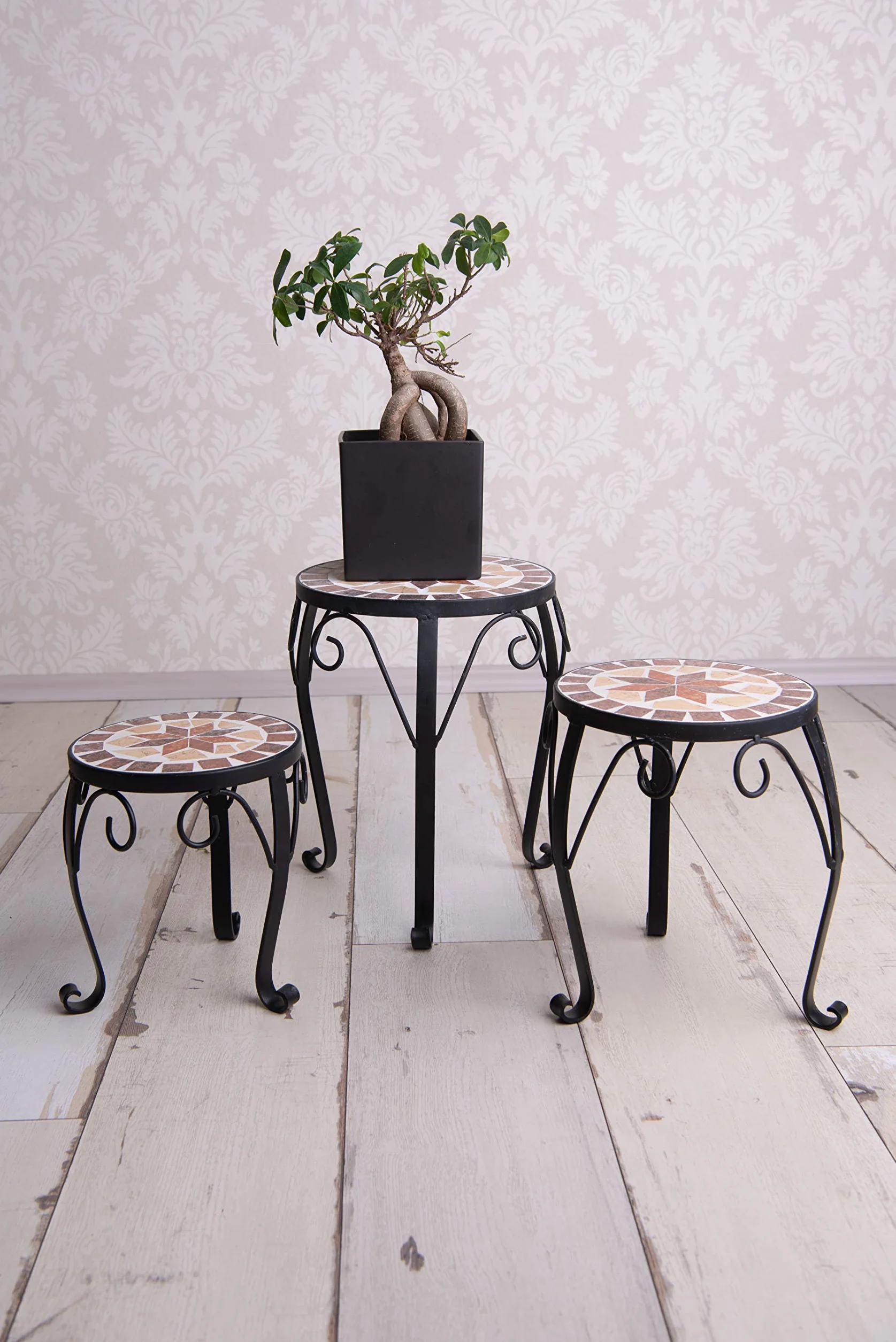 Ensemble de 3 tabourets porte-fleurs ronds à mosaïque en céramique pour jardin terrasse