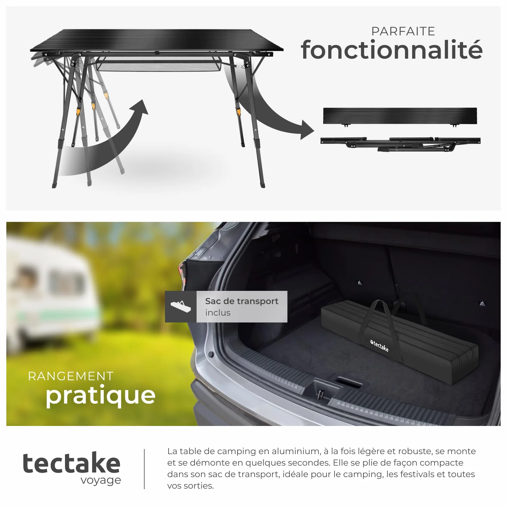 Tectake Table Pliante Aluminium 120x70,5x58-79 cm Réglable Hauteur Camping Pliable Noir