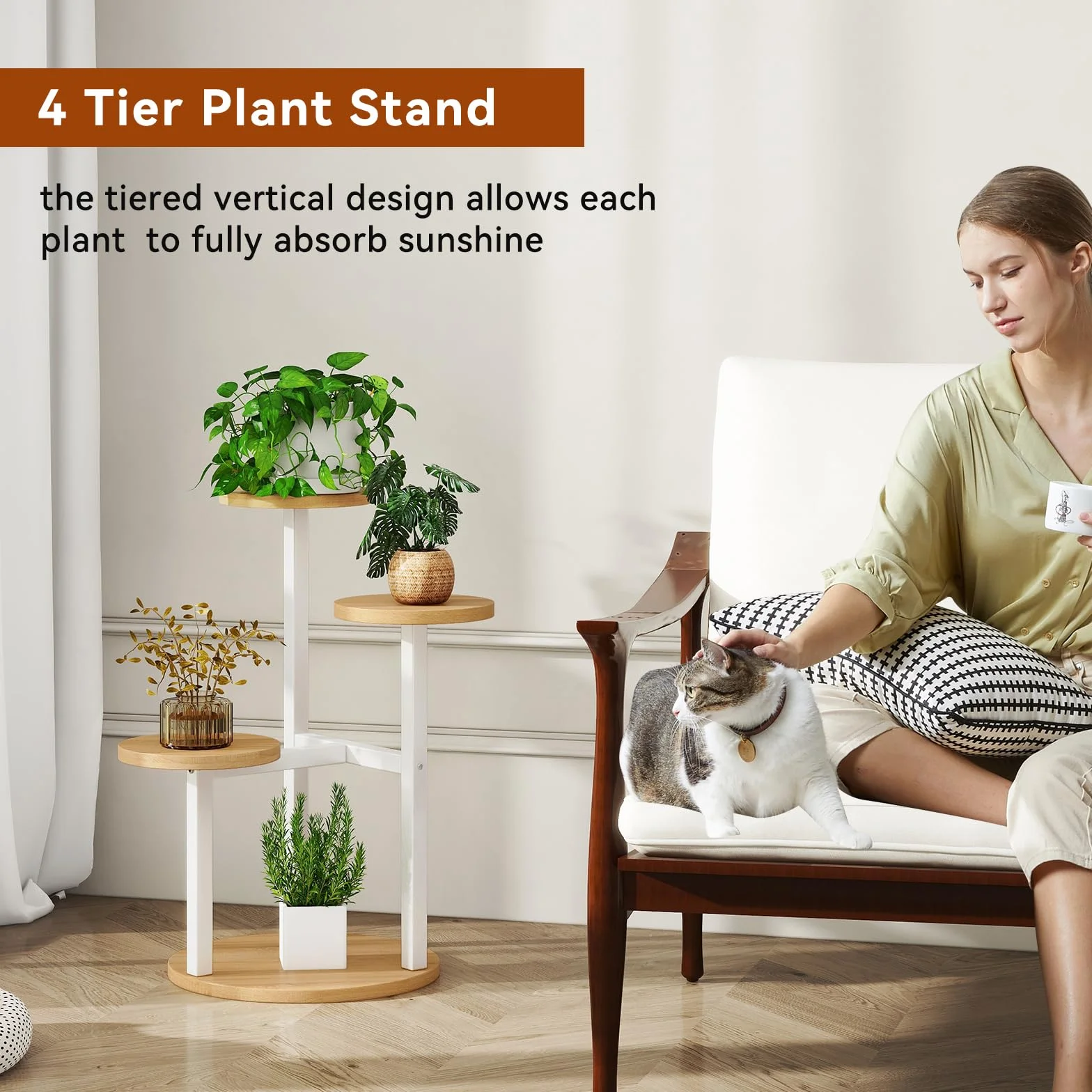IBUYKE Support de Plante en Métal Bois 4 Niveaux 52.5cm Étagère d'Angle Blanc