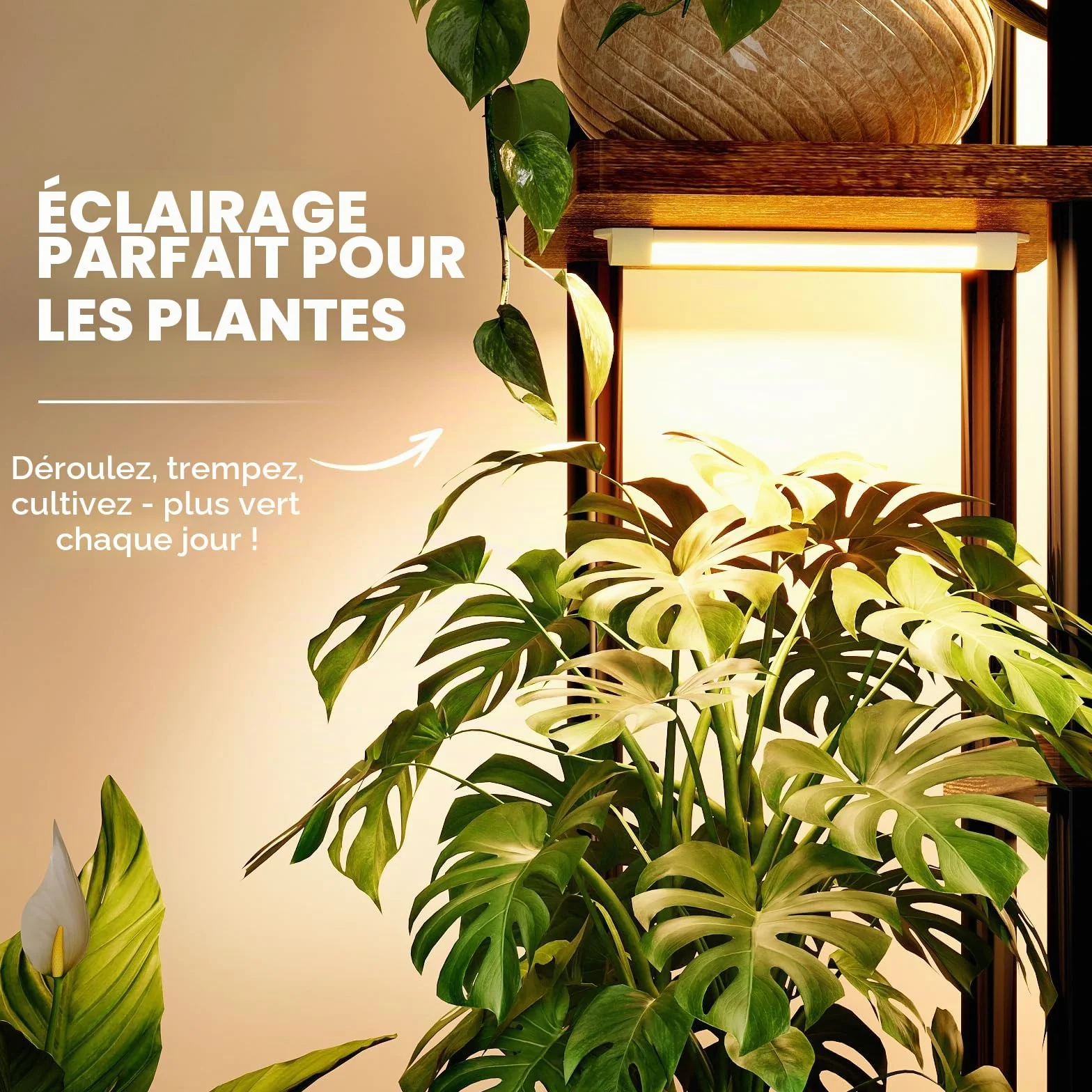Bamworld Étagère Plante d'Angle 7 Niveaux Bois Métal avec Lampe, Support Plante Intérieur avec Éclairage