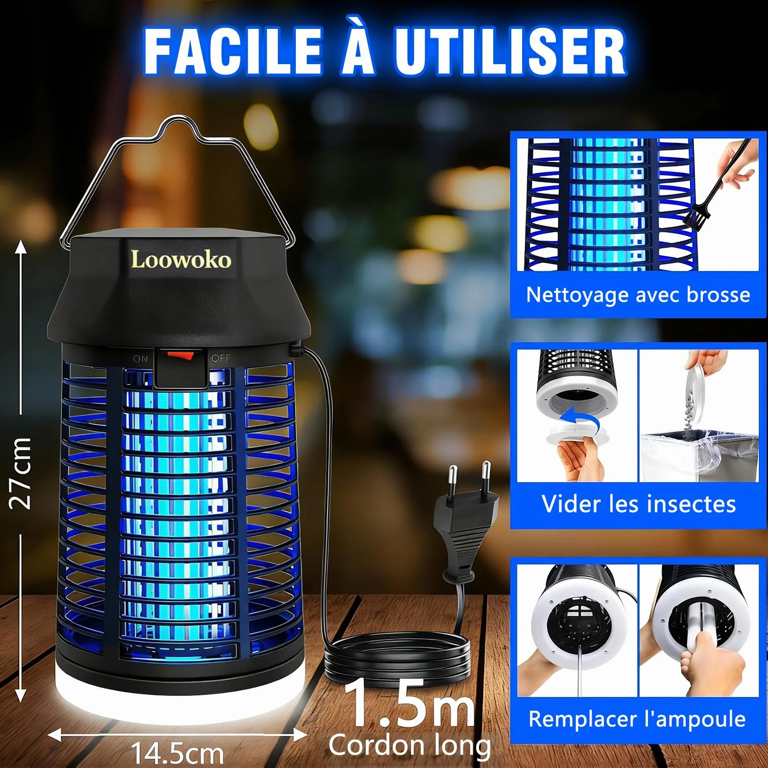 Lampe Anti Moustique 4200V Tue Mouche Électrique IPX4 UV Extérieur Intérieur Maison Jardin