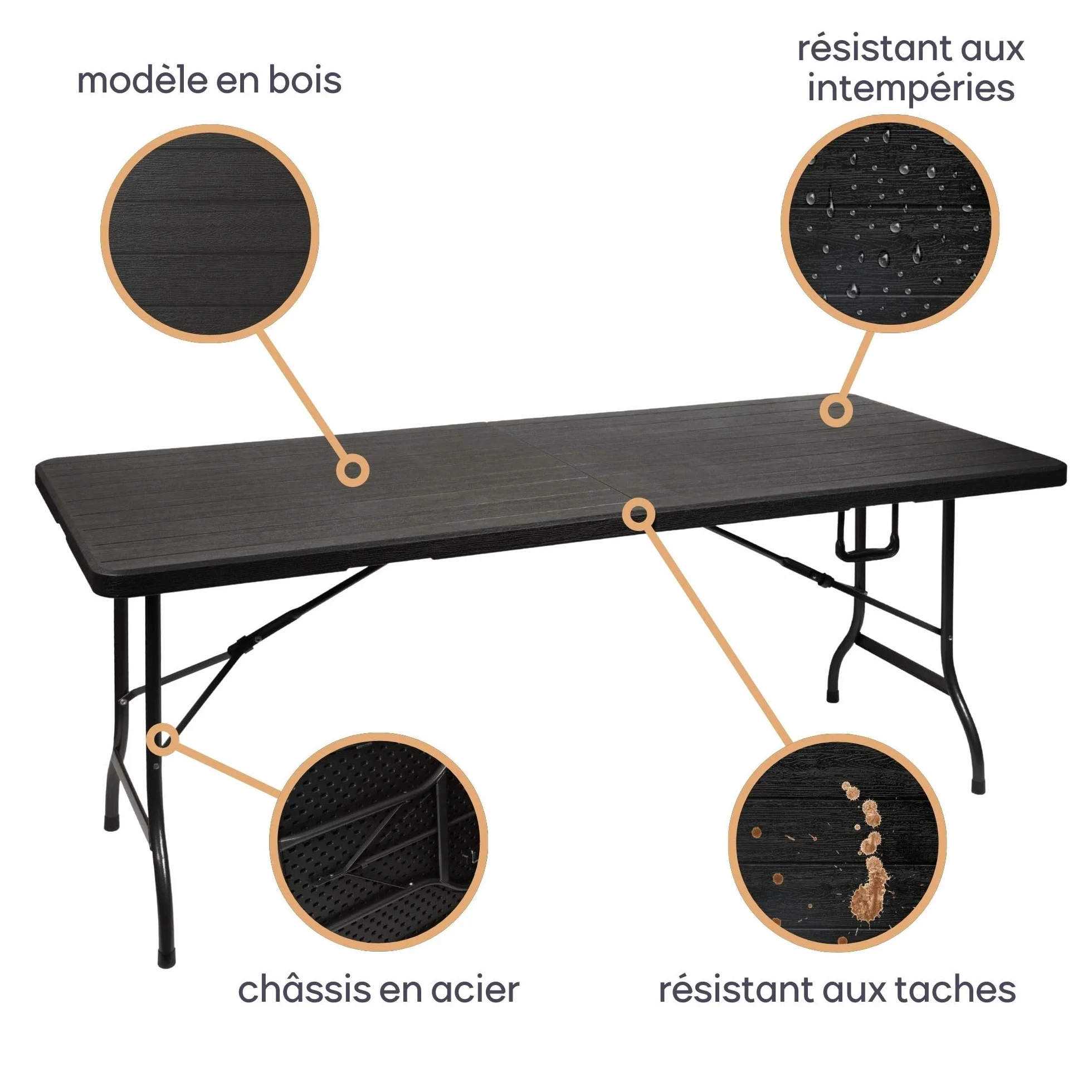 Perel Table Pliante Résistante aux Intempéries Imitation Bois 100 kg Noir