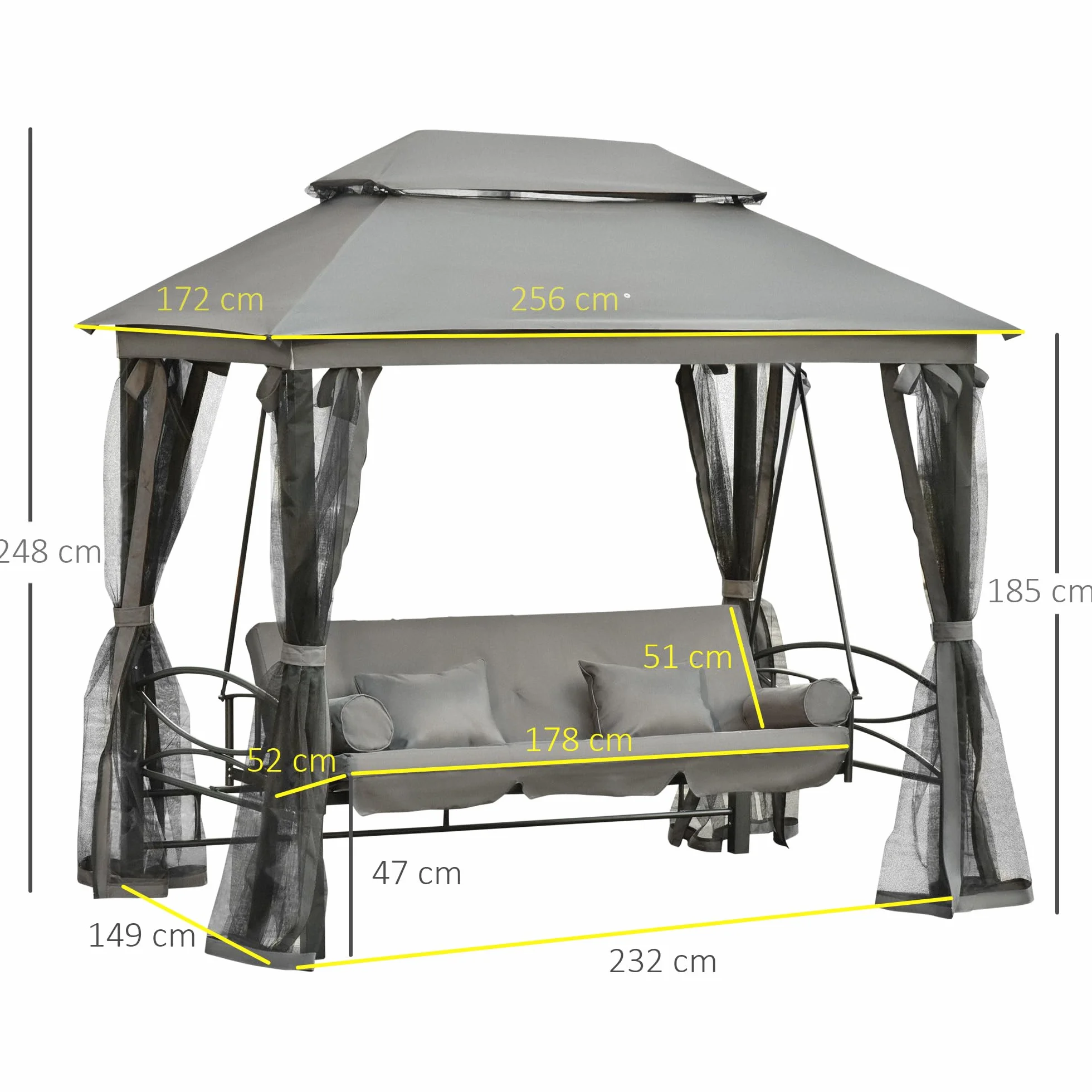 Outsunny Balancelle de Jardin 3 Places Convertible Colonial 5 Coussins + Matelas + Moustiquaire 2,56L x 1,72l x 2,48H Gris