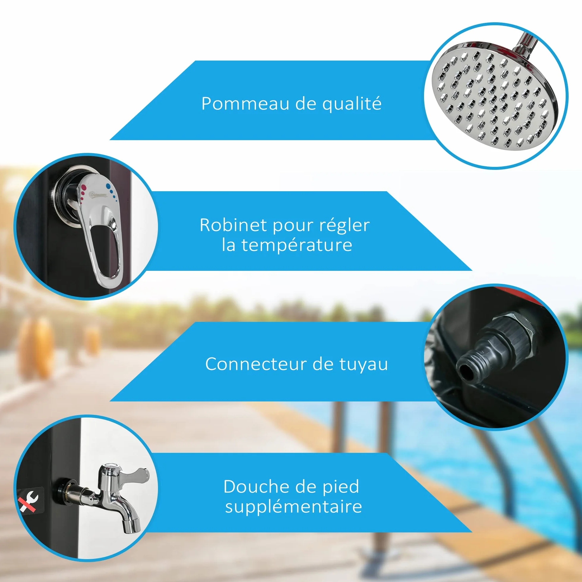 Outsunny Douche Solaire Extérieure 35L Jardin Plage Piscine avec Thermostat Eau Froide Chaude Max 55°C Noir