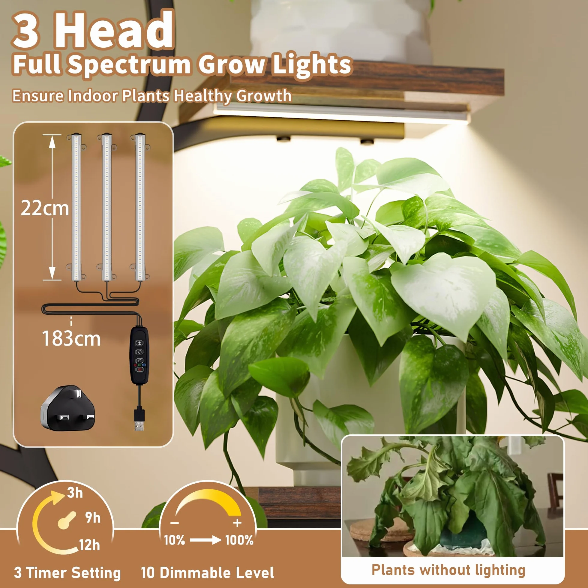 BACEKOLL Support pour plantes avec lumière de croissance 8 niveaux 124 cm Métal Bois Noir