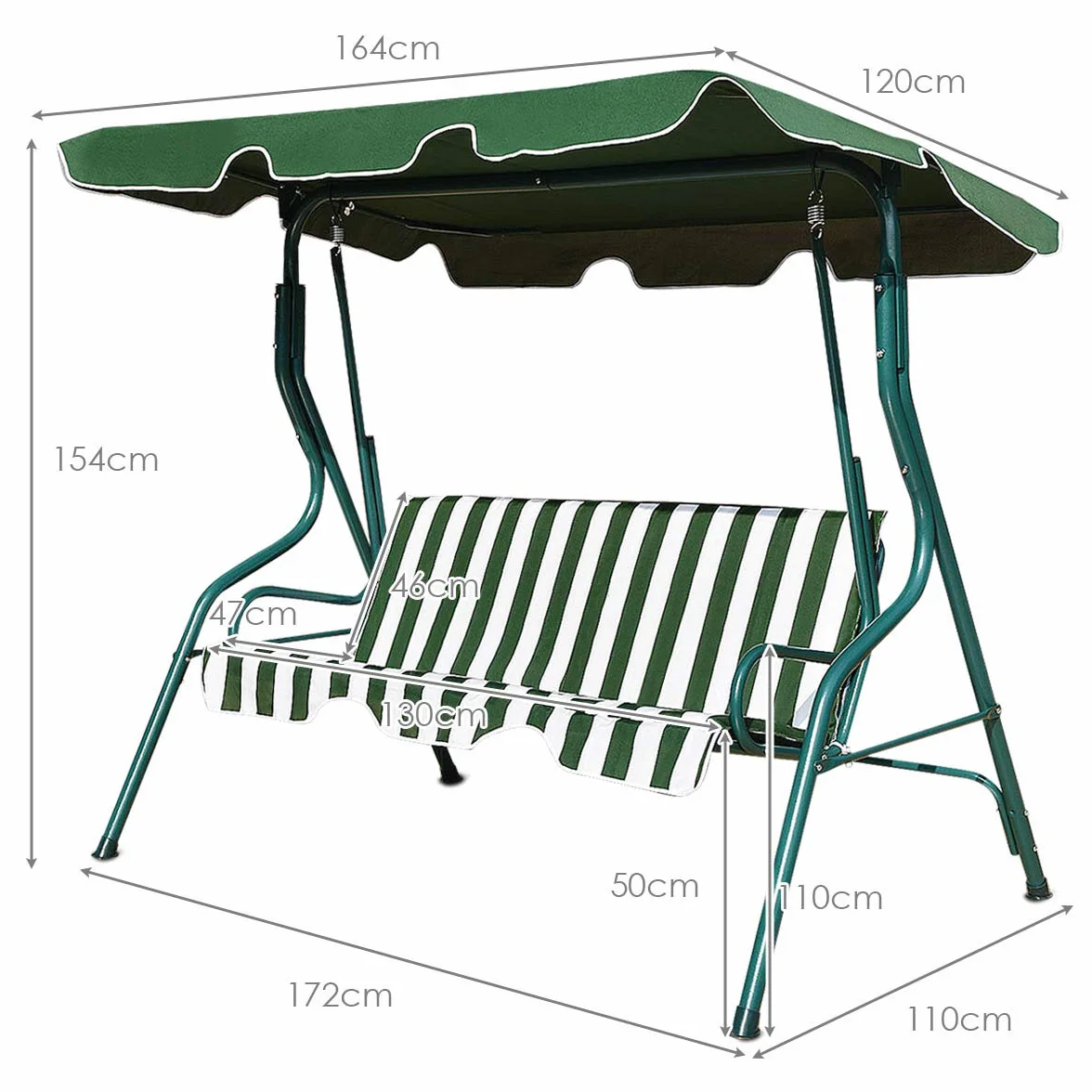 Costway Balancelle de Jardin 3 Places Toit Imperméable 240 KG 170 x 110 x 153 CM Vert