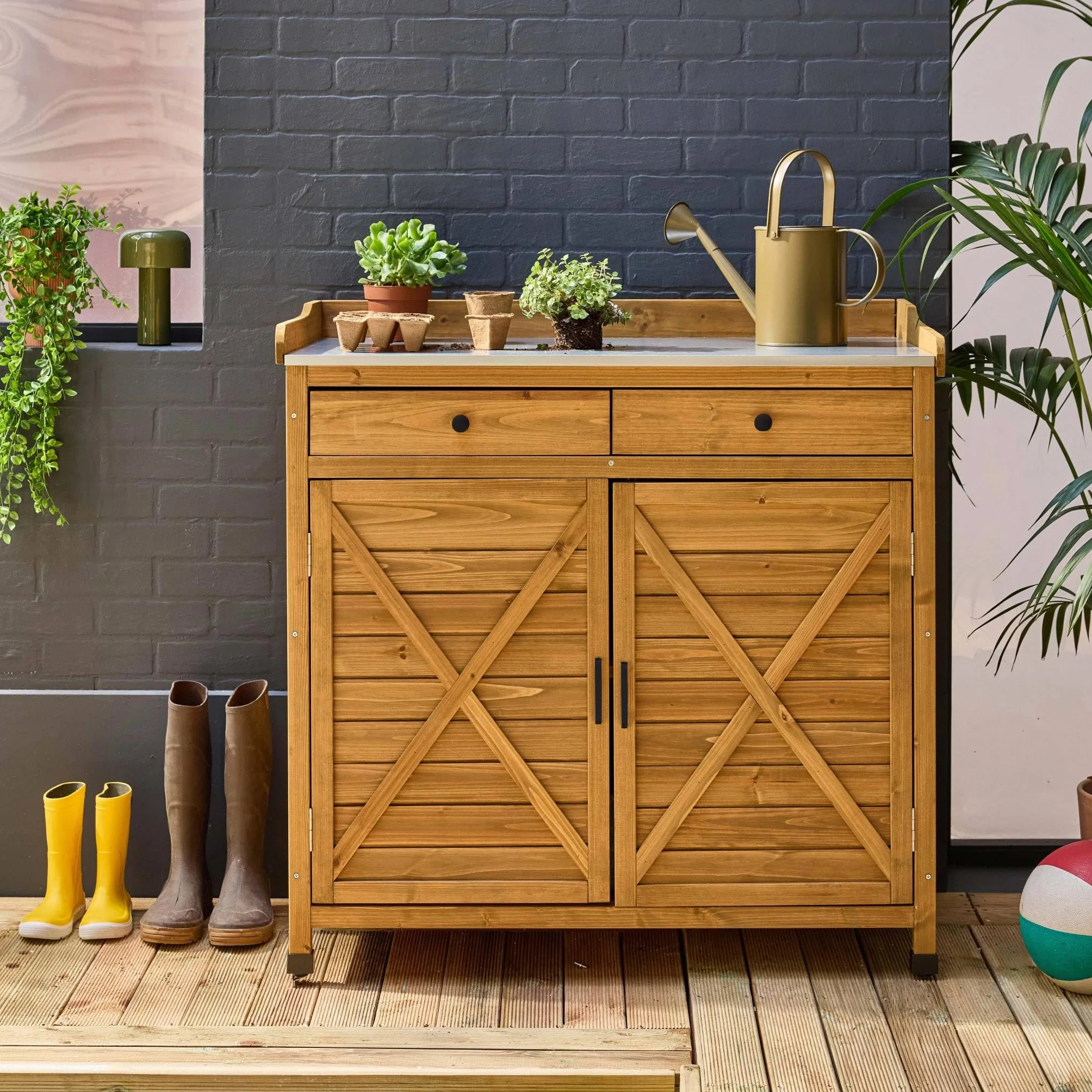 Sweeek Meuble de Rangement Table de Repiquage Bois 2 Portes 2 Tiroirs 102 x 52.8 x 103.5 cm
