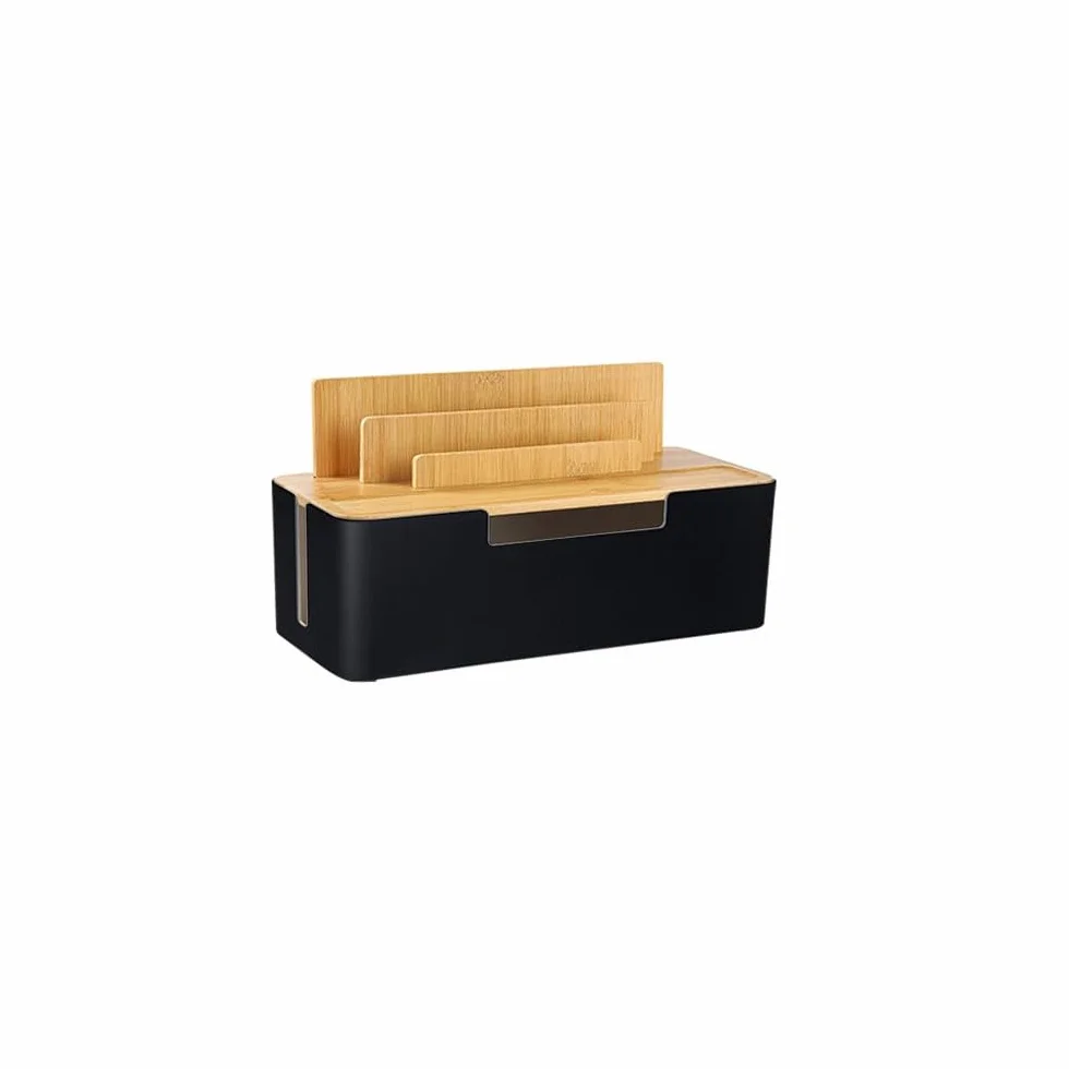 Boîte de gestion des câbles avec couvercle en bois, rangement multi-appareils pour téléphones/tablettes/smartwatches, rangement des câbles sur le bureau pour un espace de travail ordonné (Noir)