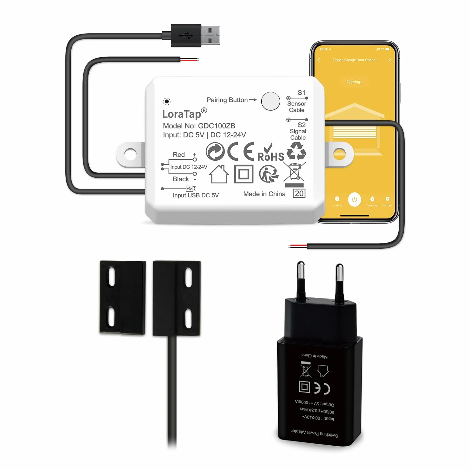 LoraTap ZigBee Smart Commande de porte de garage | Module de relais à capteur Reed intégré | USB 5 V/DC 12-24 V | Compatible Tuya App/Alexa | Installation en 15 minutes