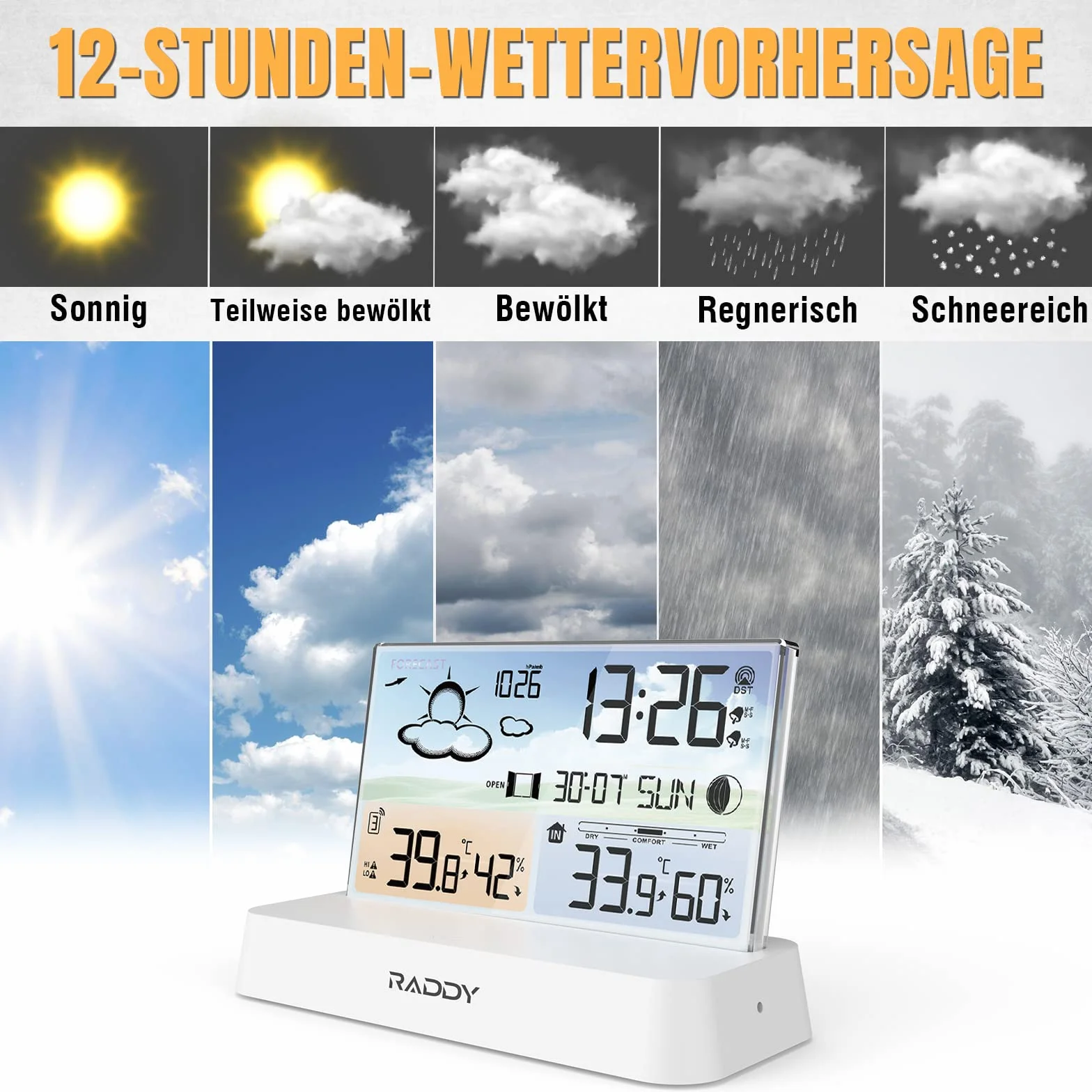Raddy DT6 Station météo sans fil avec horloge radio-pilotée DCF, écran couleur numérique, thermomètre hygromètre, prévisions météo et baromètre