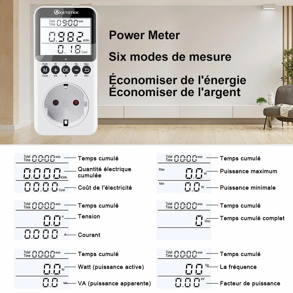 KETOTEK Wattmetre Prise, Compteurs D'énergie, Mesure Consommation Electrique, Compteur Electrique avec Écran LCD Rétroéclairé Surcharges de Protection 3680W