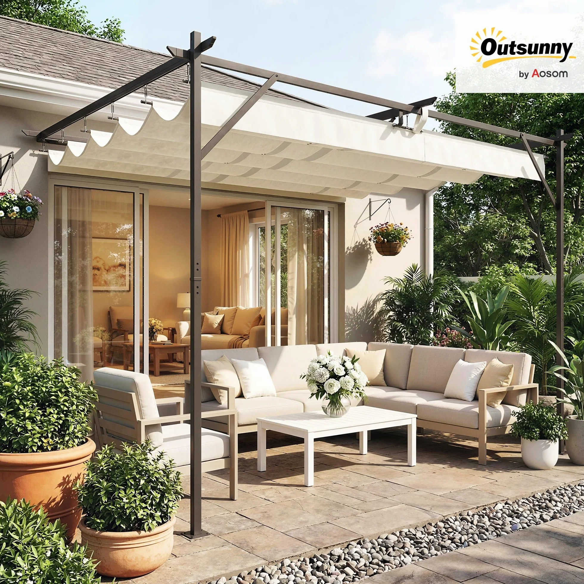 Outsunny Pergola Addoxée 3 x 4 m Toit Rétractable Coulissant Trous de Drainage Jardin Polyester Acier UV30+ Blanc Crème