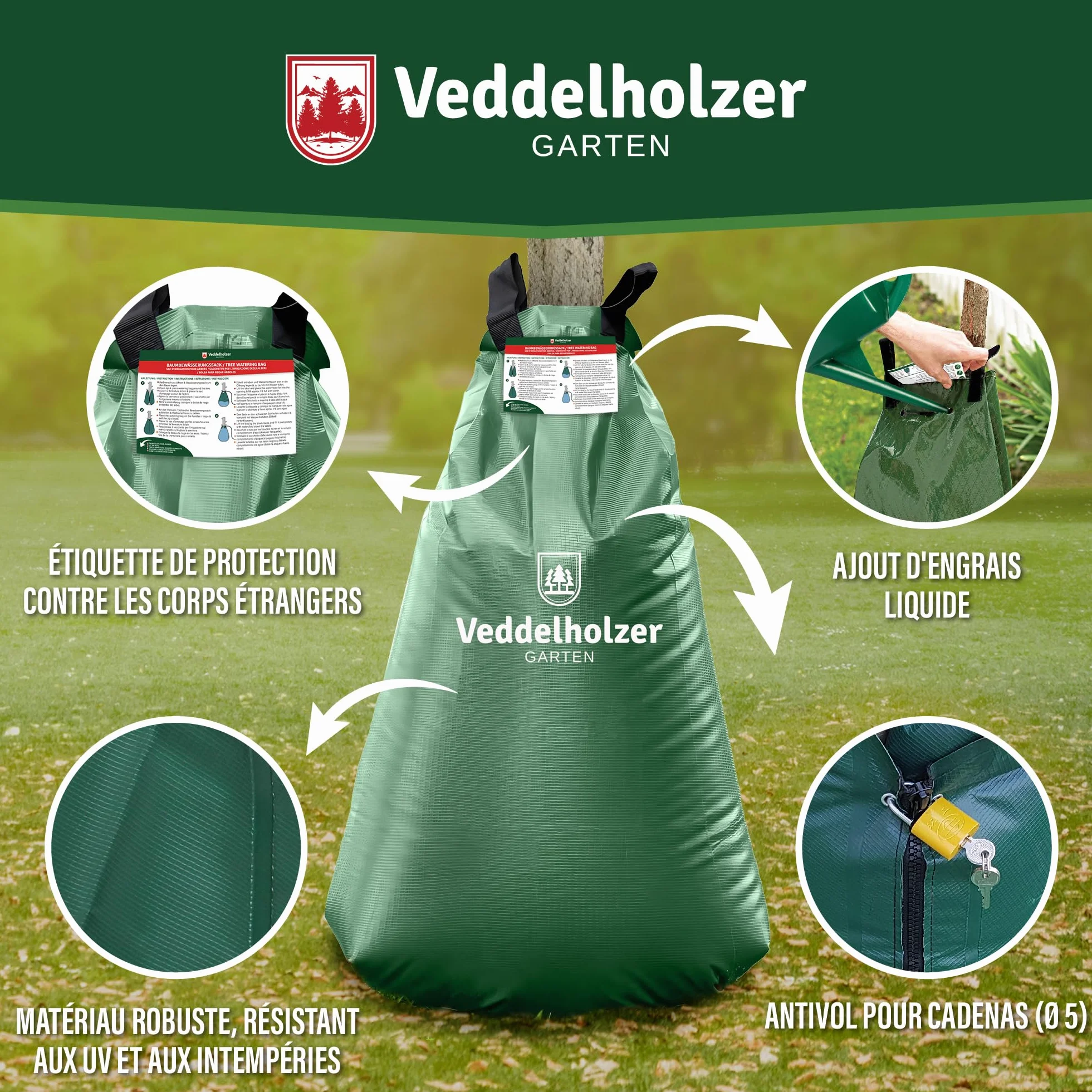 Lot de 2 sacs d'irrigation pour arbres 75 L, fermeture éclair combinable, robuste et résistant aux intempéries