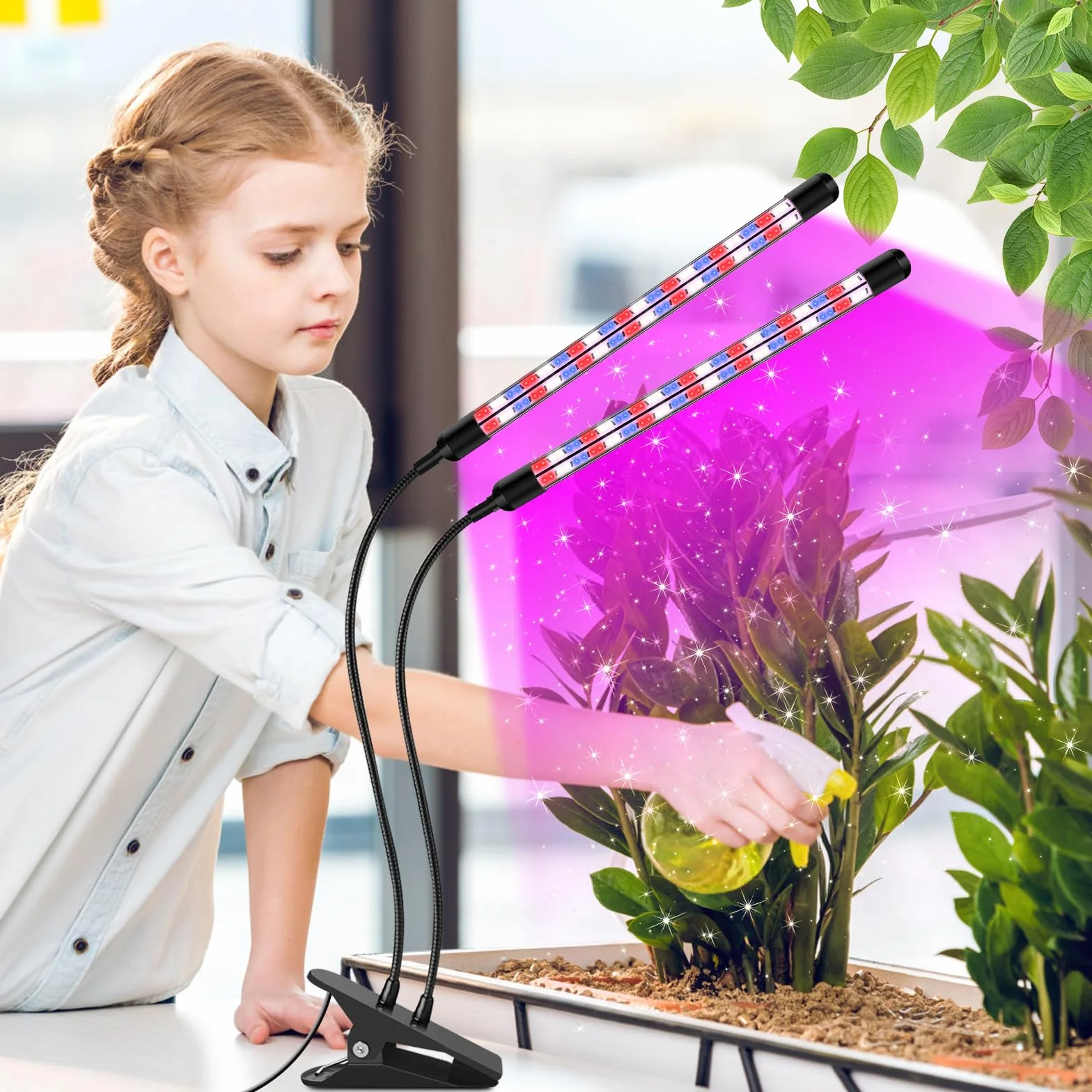Lampe de Croissance LED 2 Têtes, Spectre Complet, Minuteur, 3 Modes de Couleur, 5 Niveaux de Dimming, Plantes d'Intérieur (Rouge+Bleu)