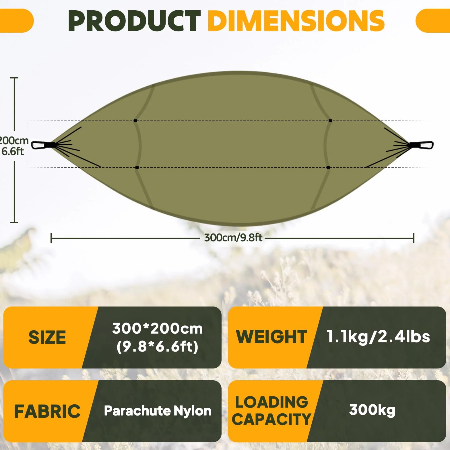 NatureFun Hamac Ultra-léger de Voyage Camping 300 kg Capacité de Charge 300 x 200 cm Respirante Nylon à Parachute