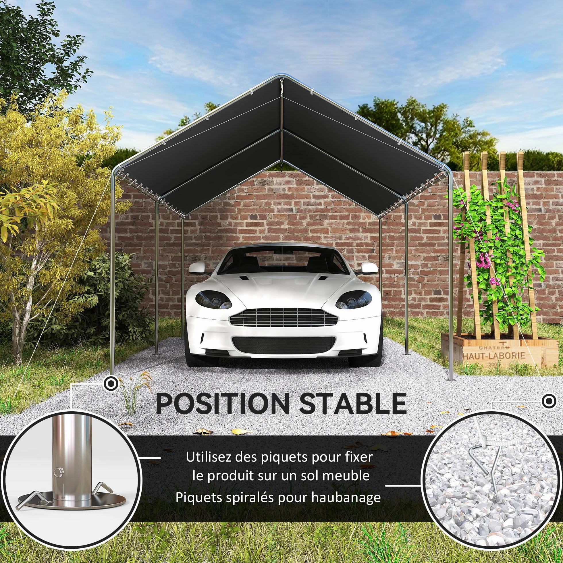 Outsunny Carport 6x3 m Acier galvanisé Toit PE Gris