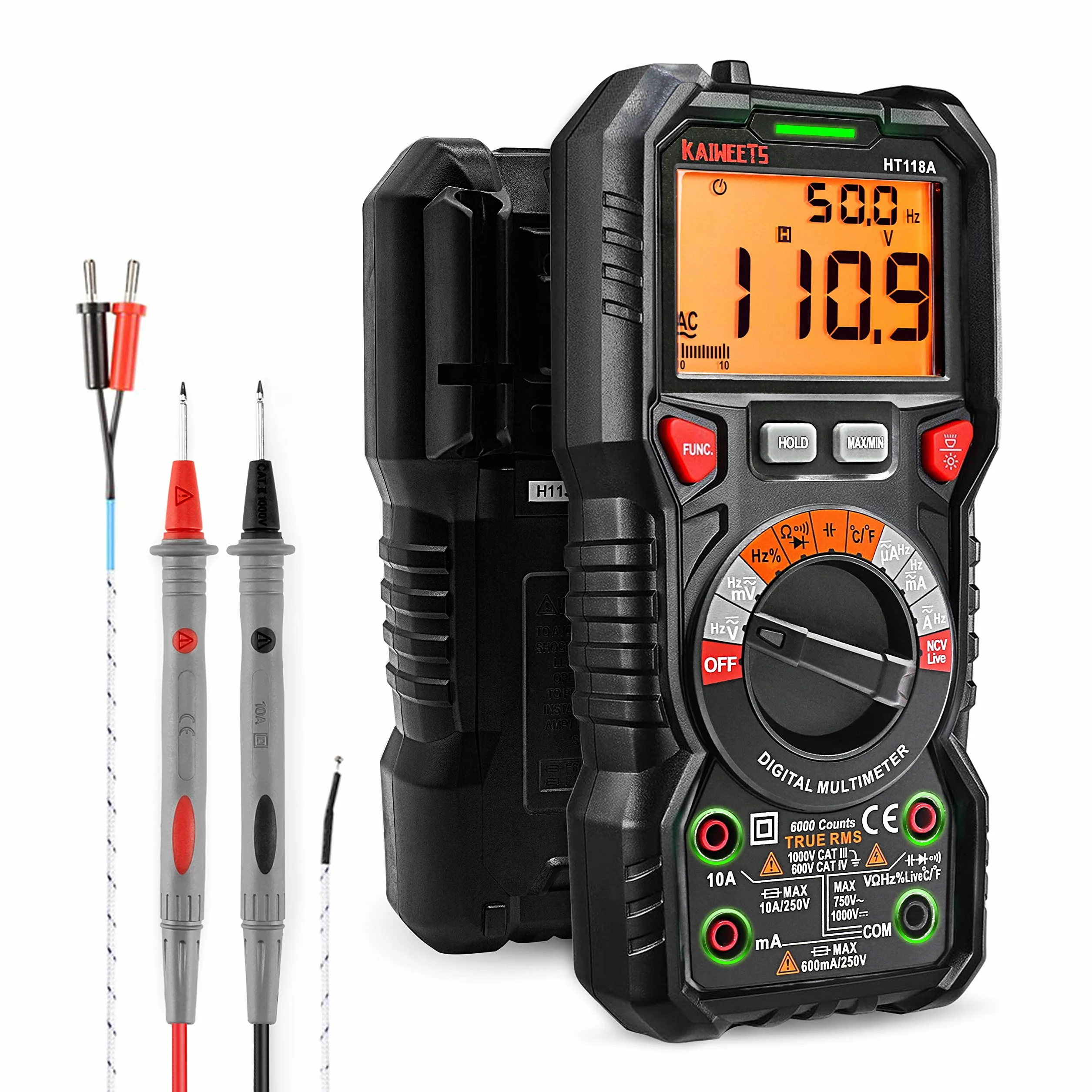 KAIWEETS Multimètre Automatique Numérique, TRMS 6000 Comptes (Guide de Bornes LED), Ampèremètre, Testeur Electrique Professionnel, Température Capacimètre Tension/Courant CA/CC Résistance/Fréquence