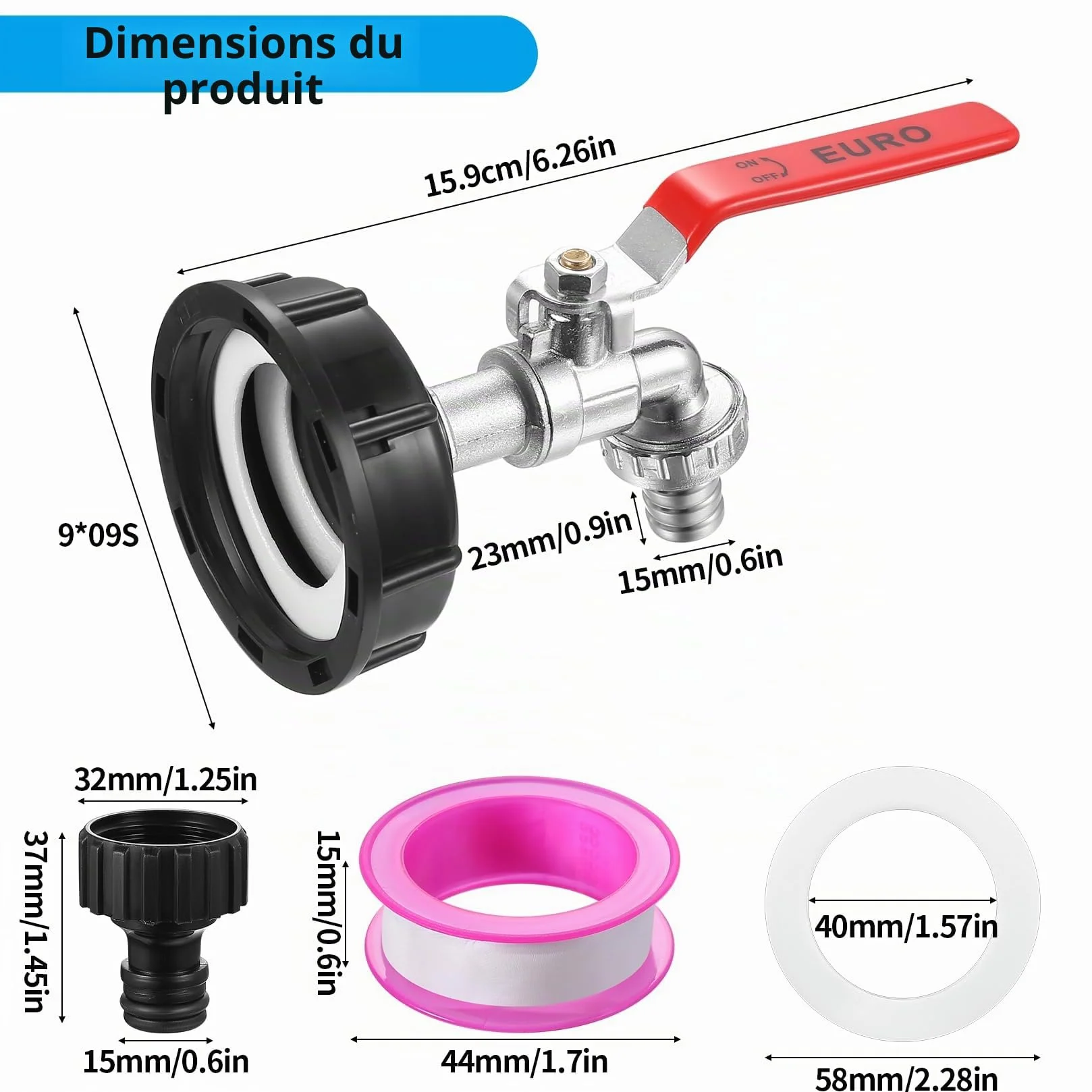 Robinet de Vidange IBC 1000L avec Adaptateur S60x6 1/2 Pouce, Robinet Antidérapant et Étanche