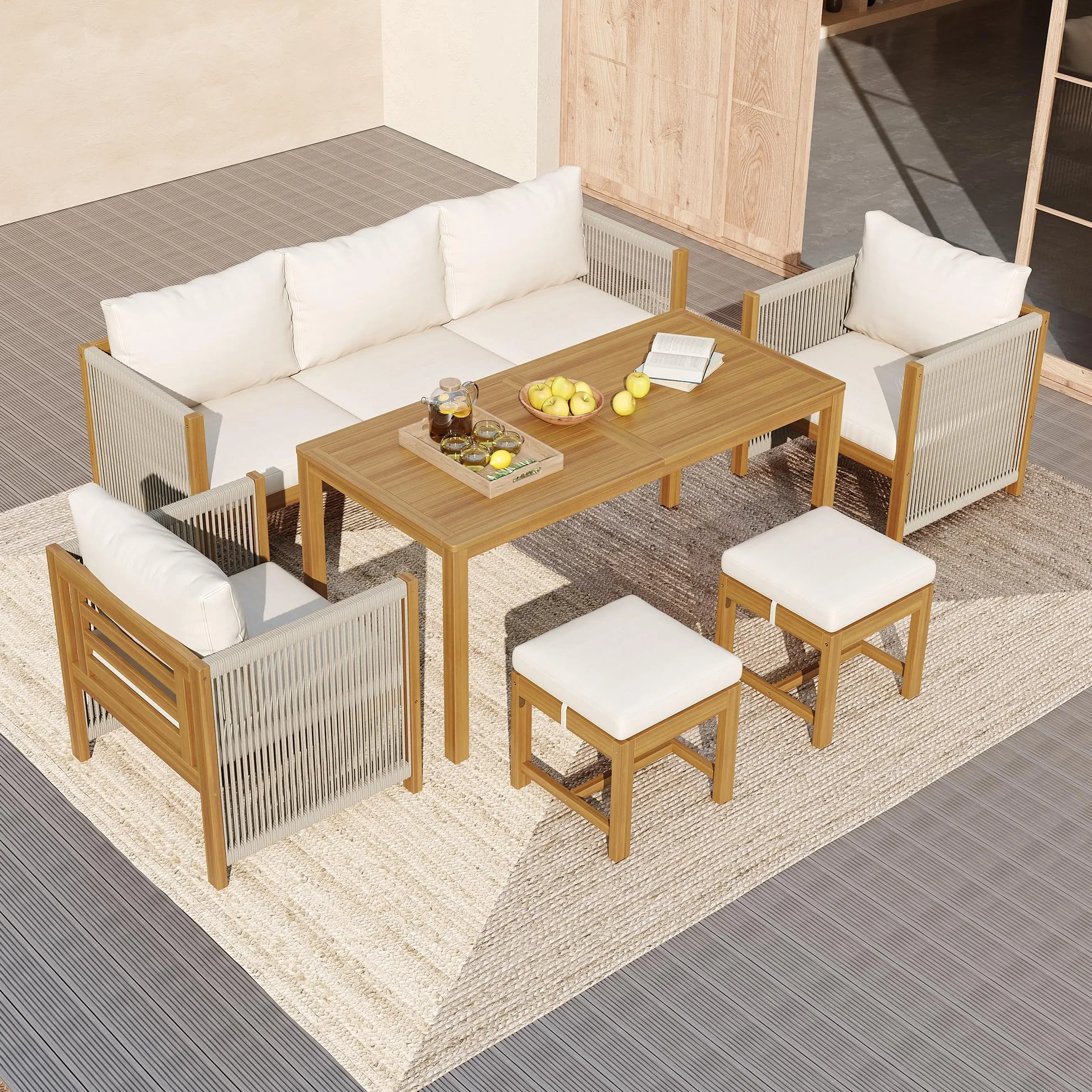 Ensemble de salon de jardin acacia 7 personnes canapé 3 places B-beige