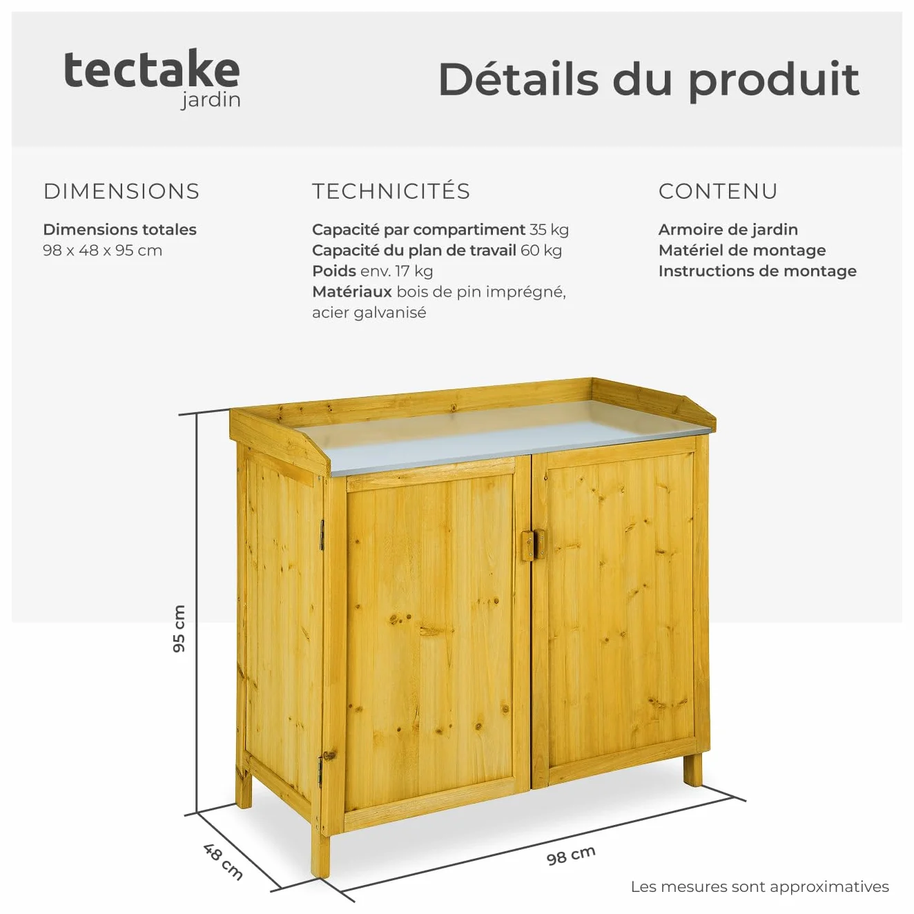 Tectake Table de rempotage Abri de Jardin Bois Plan de Travail zingué Table de Culture Rangement Outils Jardinage Armoire Jardin Exterieur Plantes Fleurs semis Potager