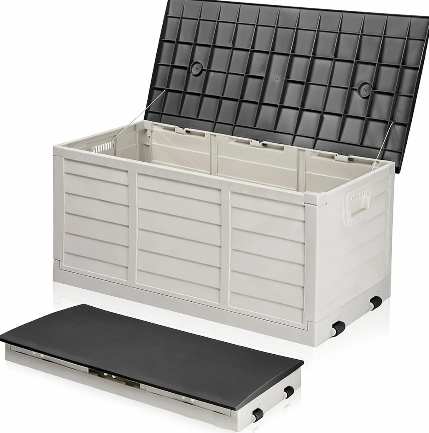 Coffre de jardin extérieur pliable 284 L imperméable résistant aux UV avec poignées et roues Noir et blanc