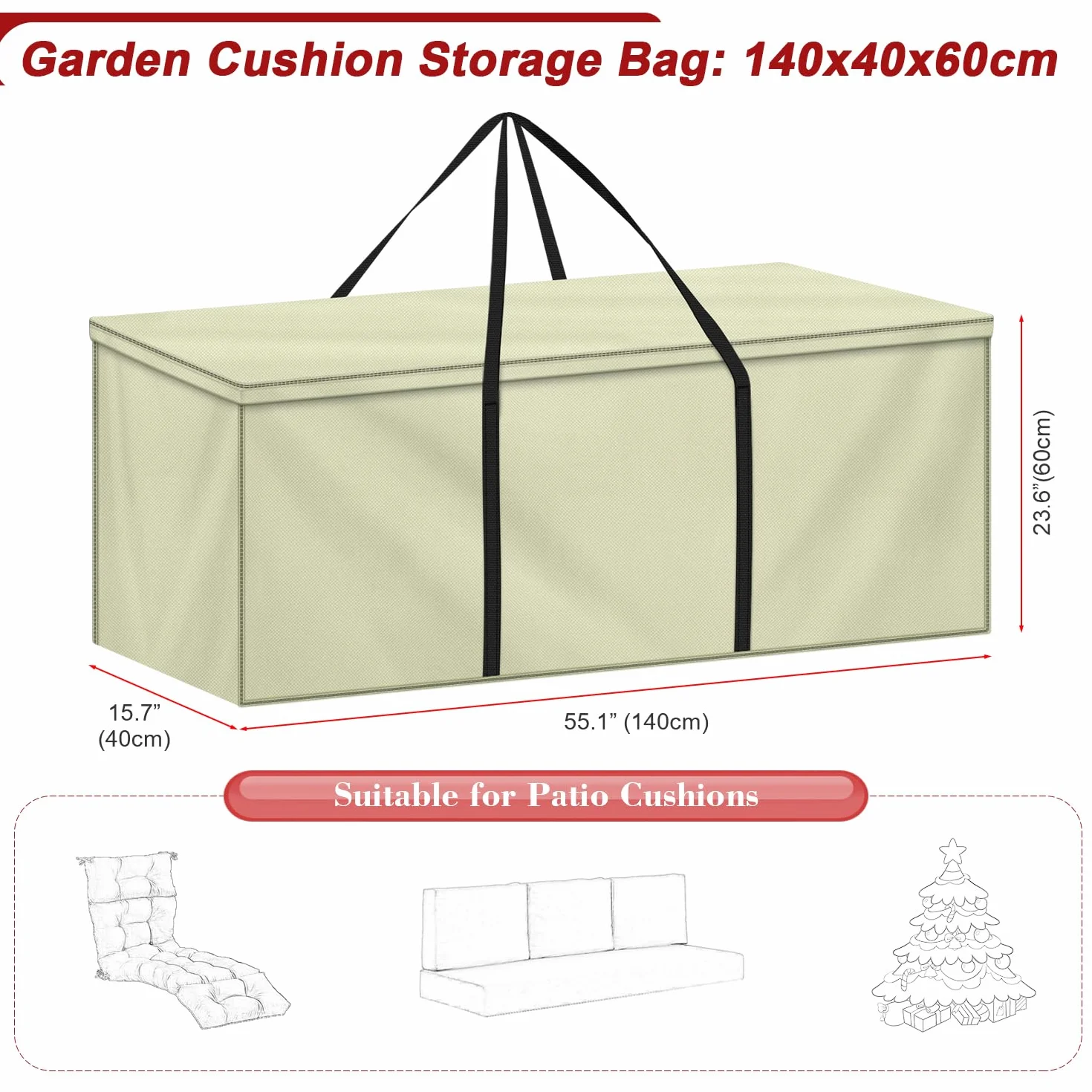 LAMUNI Sac de Rangement pour Coussin de Jardin 600D Oxford Imperméable 140x40x60cm