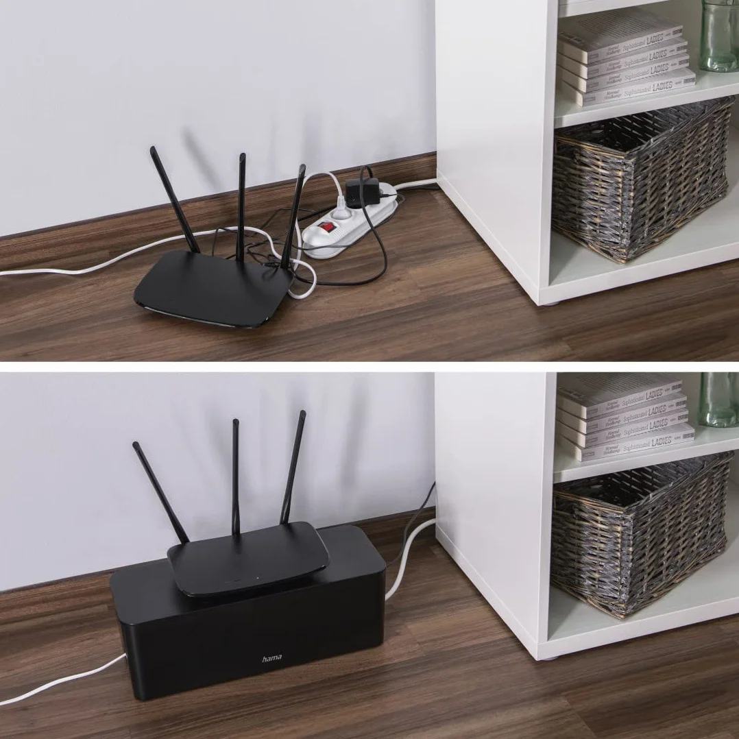 Hama Boîte pour câbles Maxi (Boite Rangement pour Cables chargeurs et multiprises, boitier Cache câbles 40x15,5x13,5cm, Pieds en Caoutchouc) Noir