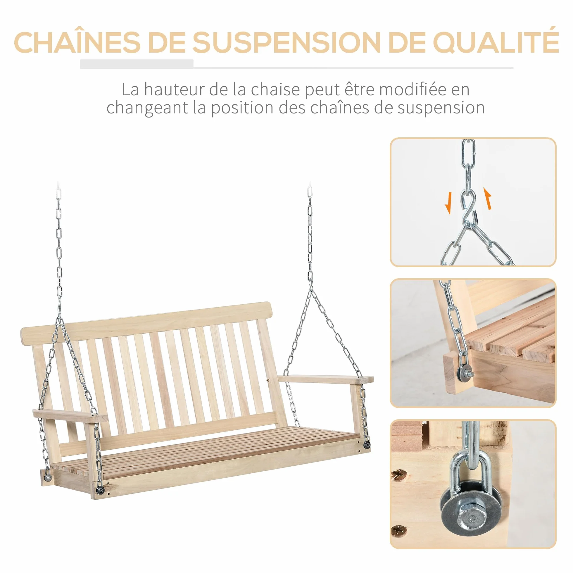 Outsunny Balançoire de Jardin 2 Places Suspendue 200 kg Bois Naturel