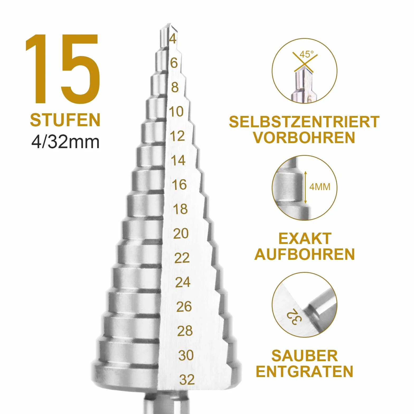 flintronic Foret Étagé, 4-32 mm Fraise Etage Metal Triangle Conique Titane HSS, Tige Triangulaire, Meche Etage Metal pour Visseuse sur Métal Acier, Bois, Laiton, Aluminium, Plastique