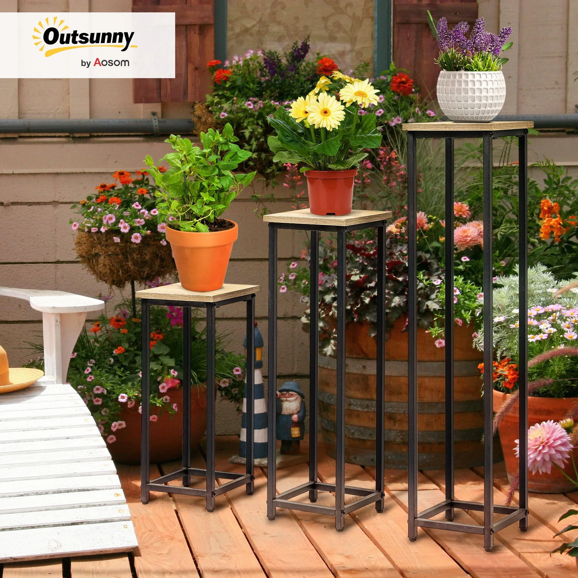Outsunny Lot 3 supports pot de fleurs porte-plantes empilables 21x21x50/70/90 cm acier