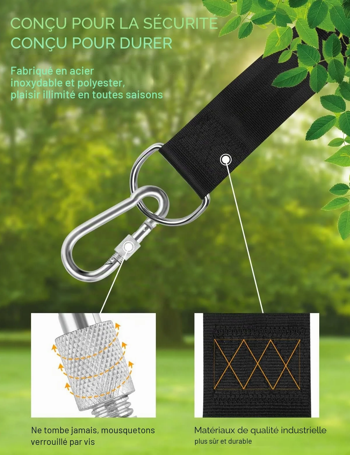 Sangle hamac arbre 2 x 150 cm D-Ring mousquetons charge max 500KG