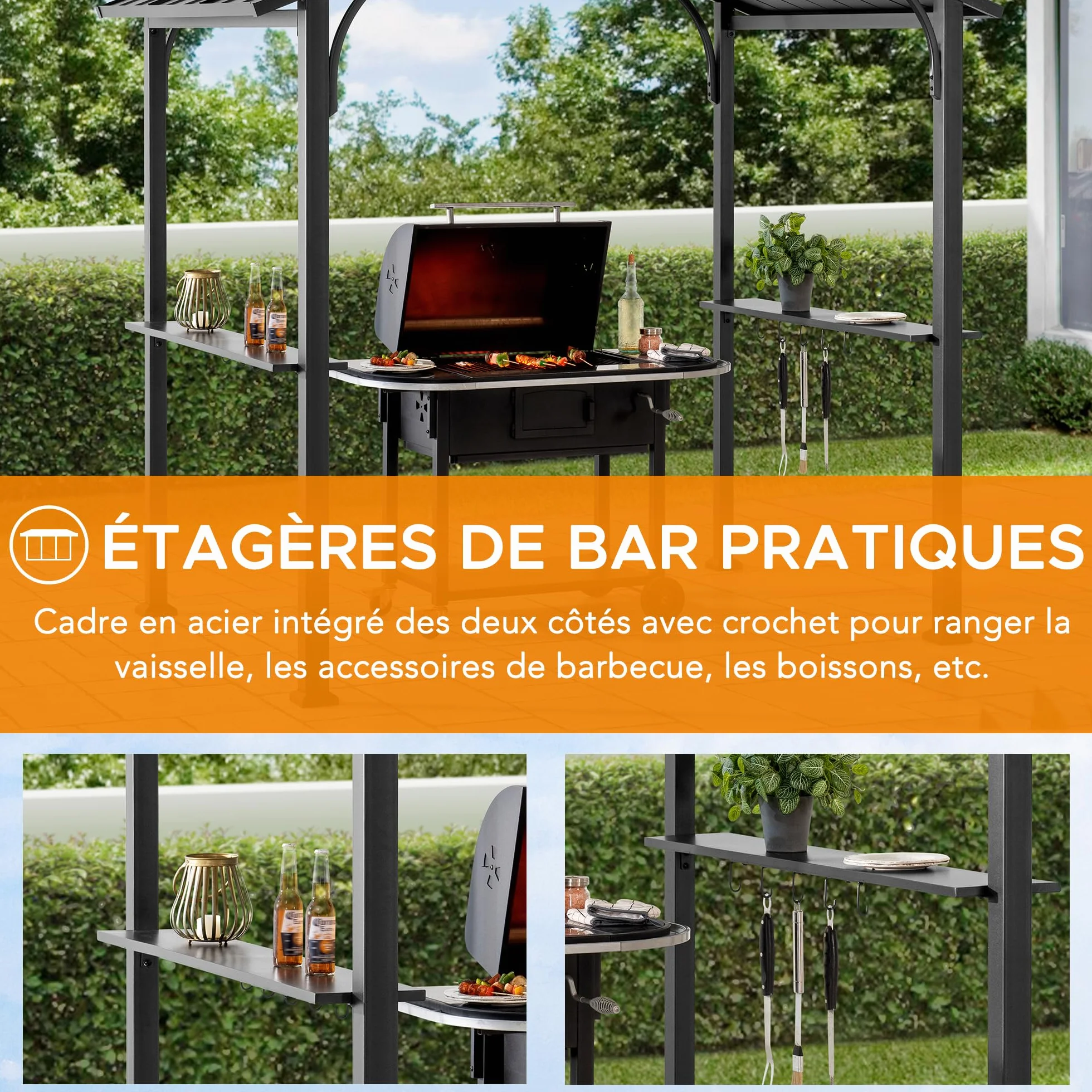 SUNJOY Tonnelle Barbecue 2,4 x 1,5 m avec 2 Étagères et 10 Crochets, Toit Double Ventilé, Structure en Acier, Abri BBQ Étanche